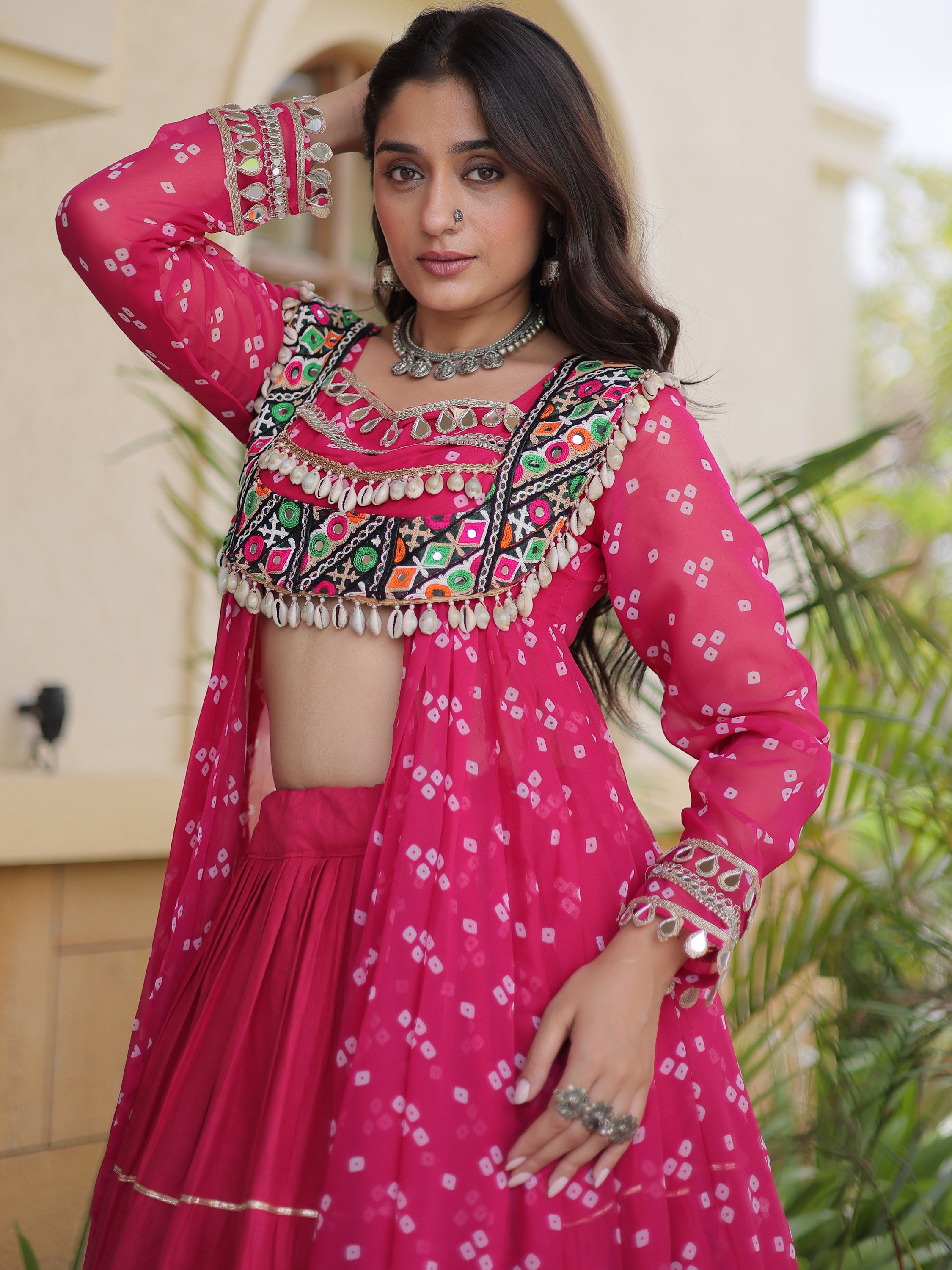Pretty Hot Pink Bandhani Printed Cotton Navratri Wear Lehenga With Kurti