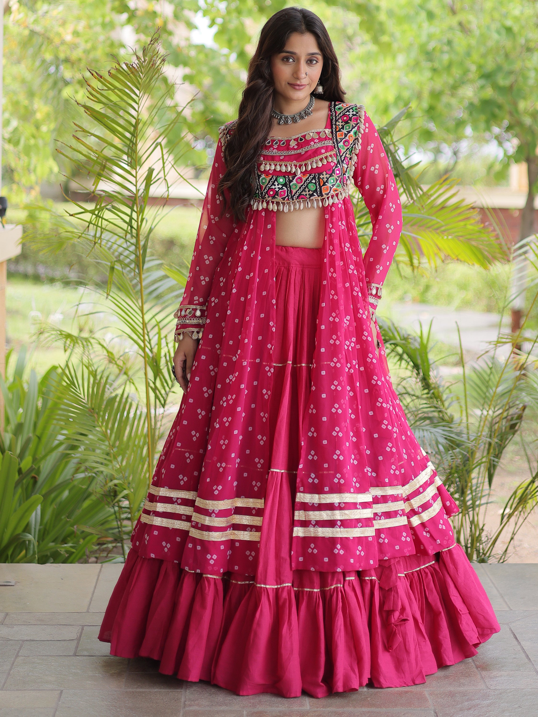 Pretty Hot Pink Bandhani Printed Cotton Navratri Wear Lehenga With Kurti