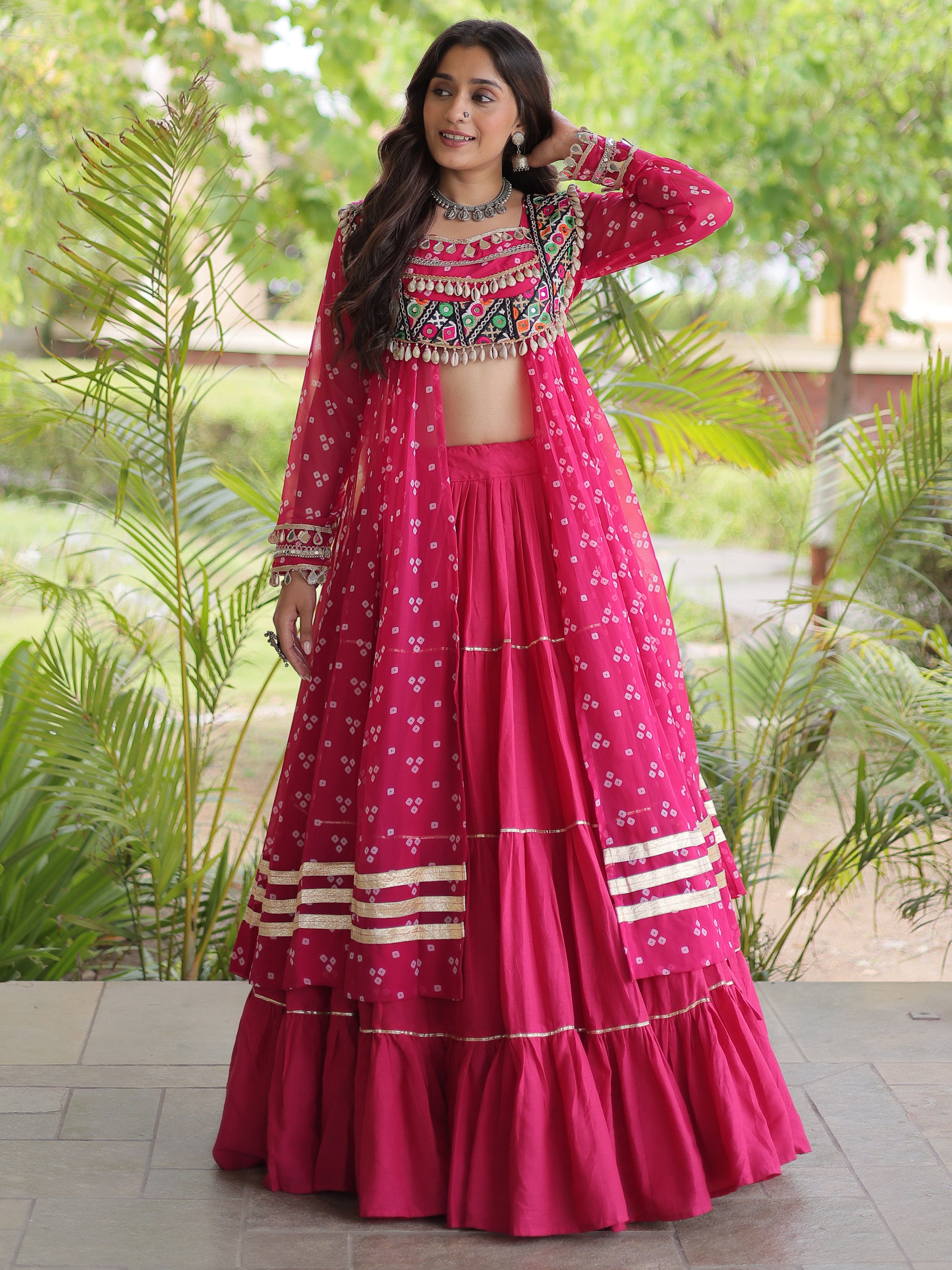 Pretty Hot Pink Bandhani Printed Cotton Navratri Wear Lehenga With Kurti