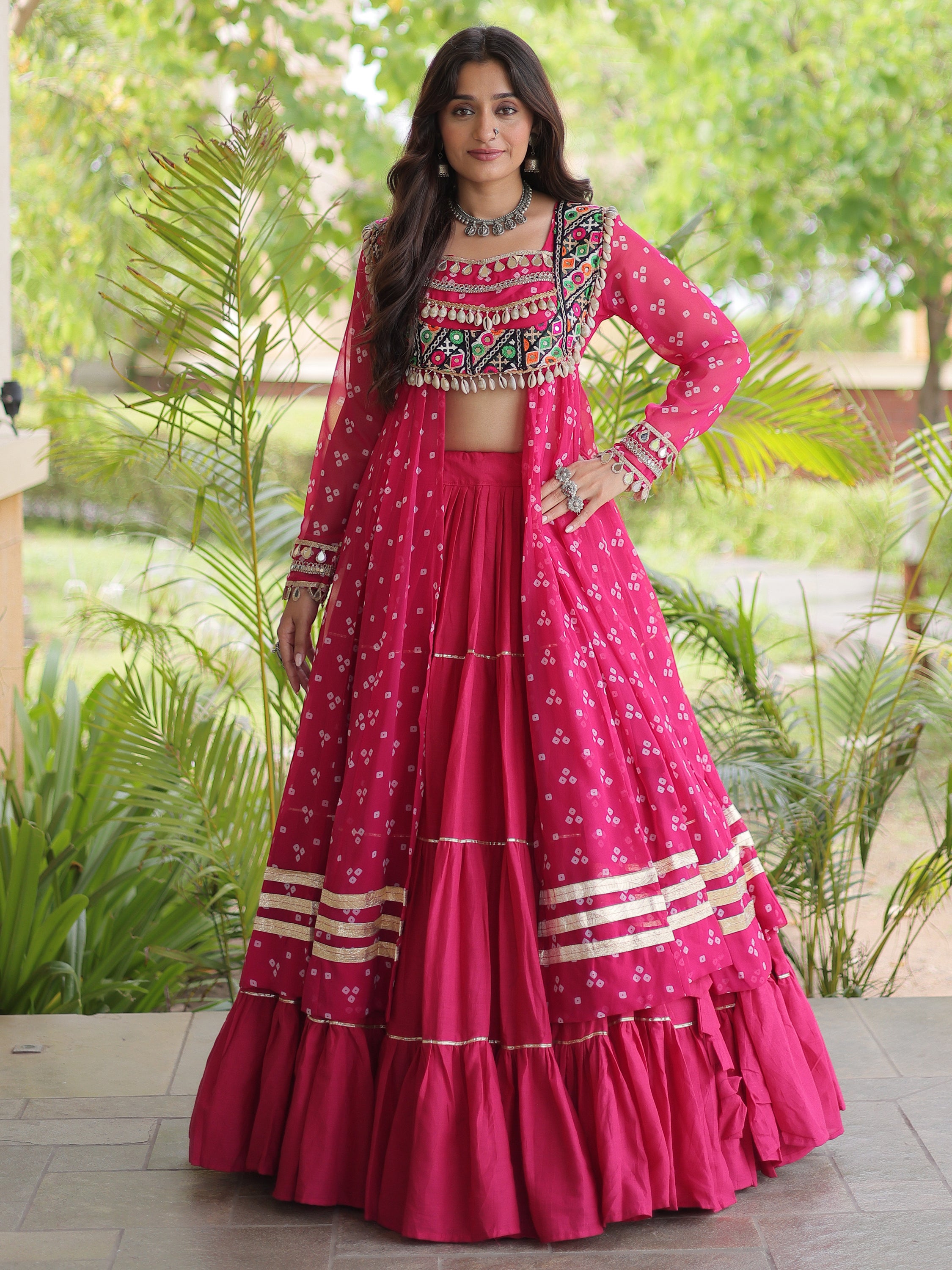 Pretty Hot Pink Bandhani Printed Cotton Navratri Wear Lehenga With Kurti