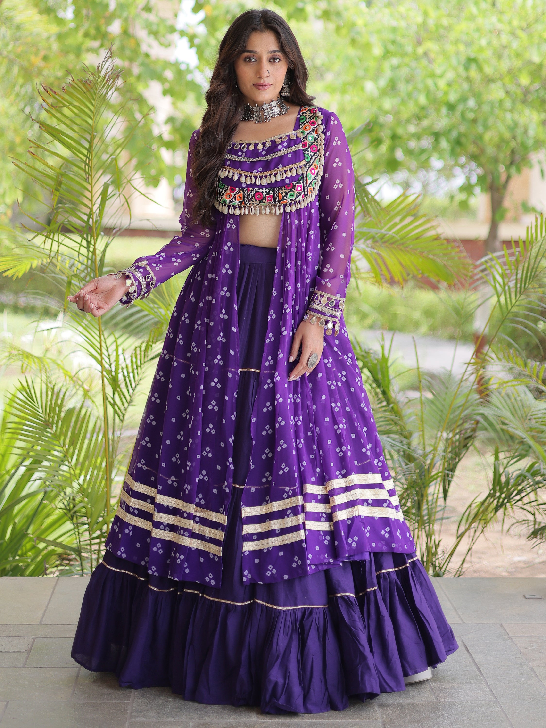 Awesome Purple Bandhni Printed Cotton Navratri Wear Lehenga And Kurti Set