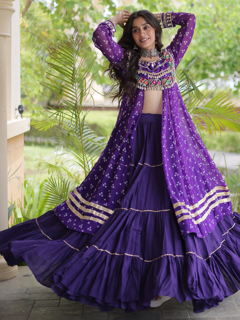 Awesome Purple Bandhni Printed Cotton Navratri Wear Lehenga And Kurti Set