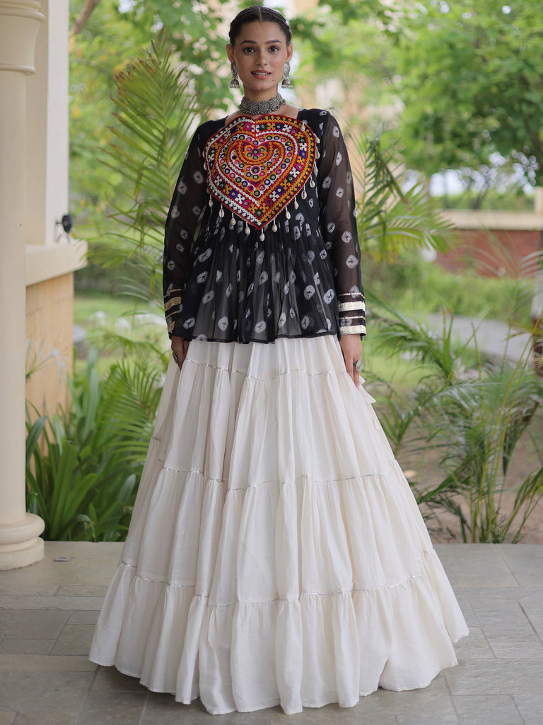 Classy Black Cotton Navratri Lehenga With Bandhani Printed Peplum Top