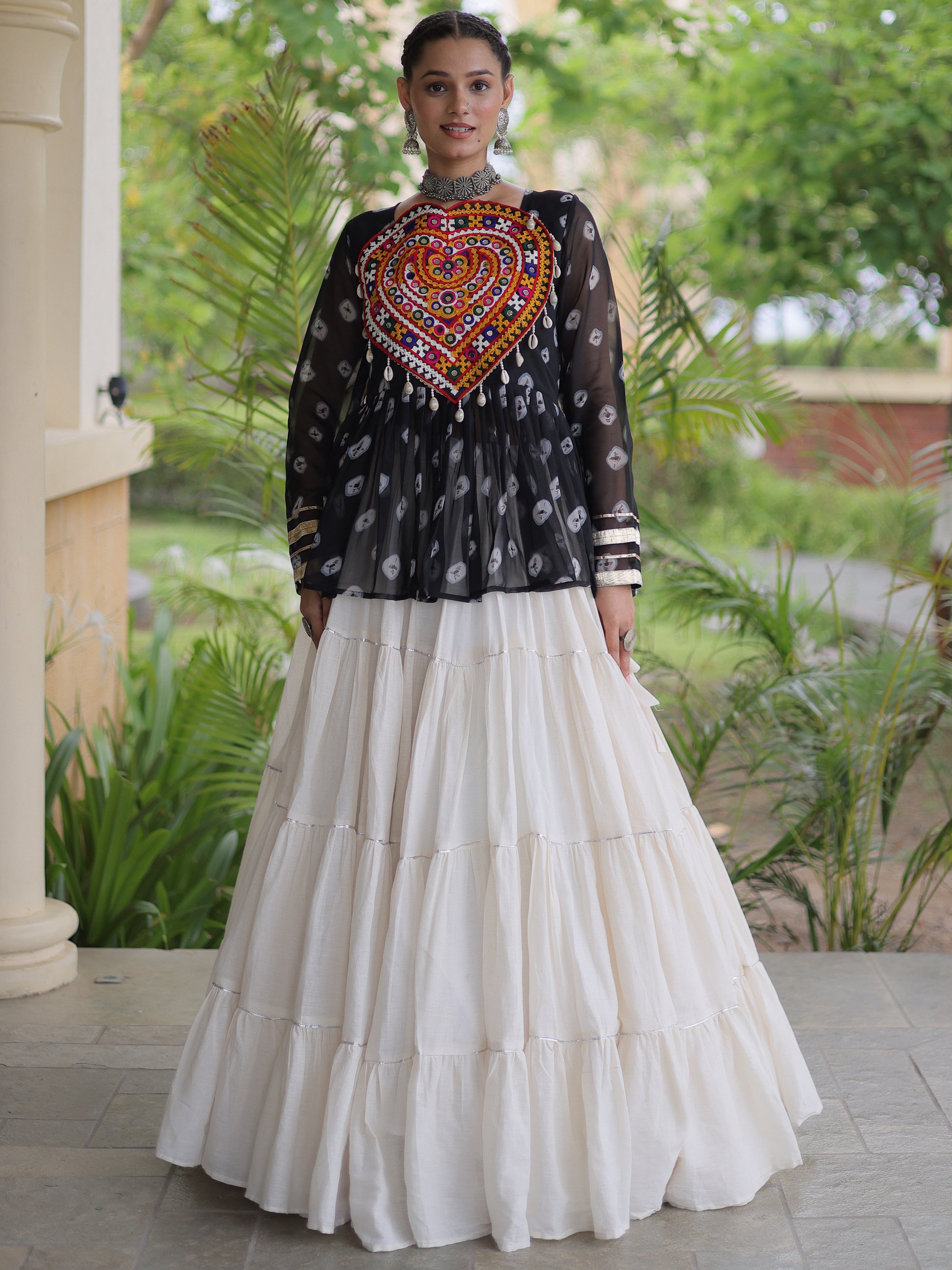 Classy Black Cotton Navratri Lehenga With Bandhani Printed Peplum Top