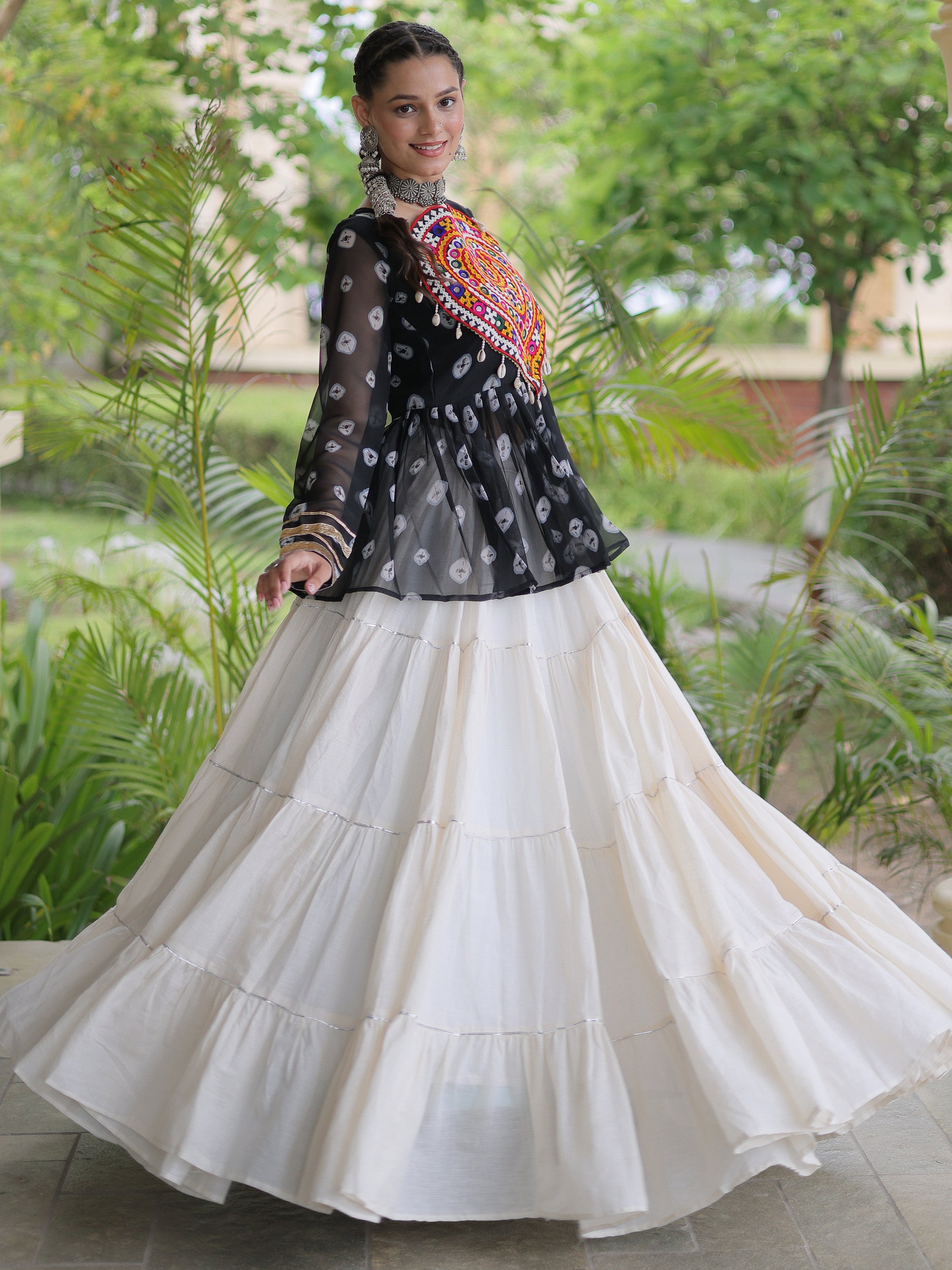 Classy Black Cotton Navratri Lehenga With Bandhani Printed Peplum Top
