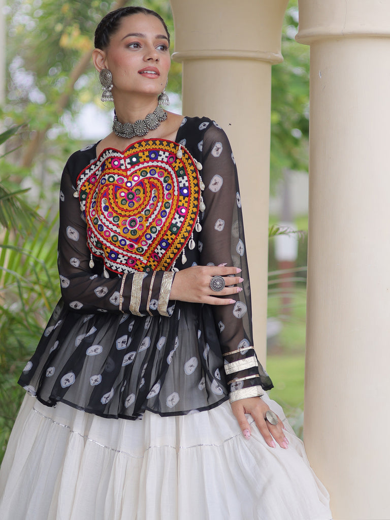 Classy Black Cotton Navratri Lehenga With Bandhani Printed Peplum Top