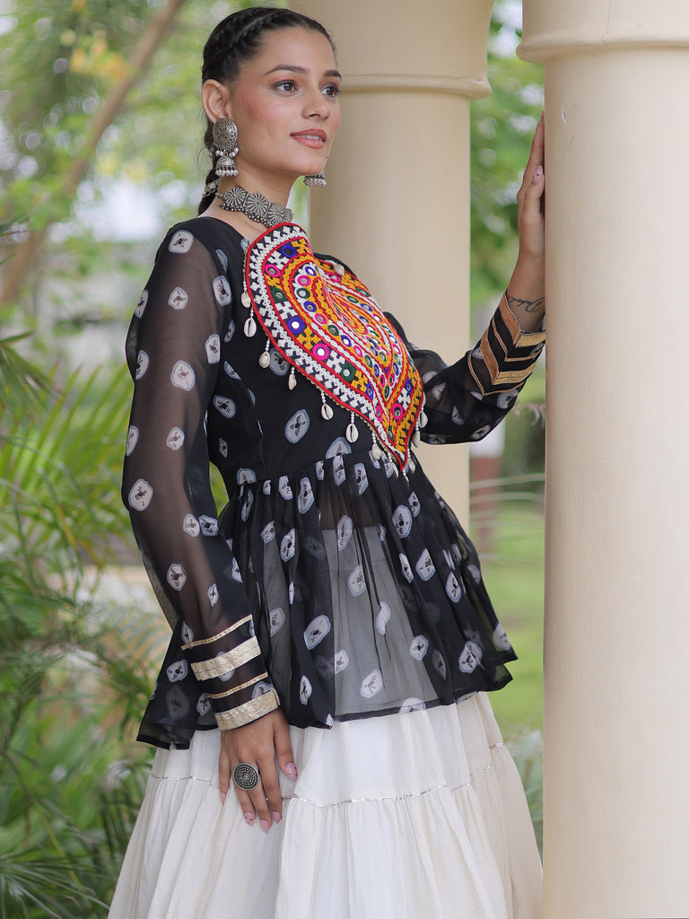 Classy Black Cotton Navratri Lehenga With Bandhani Printed Peplum Top