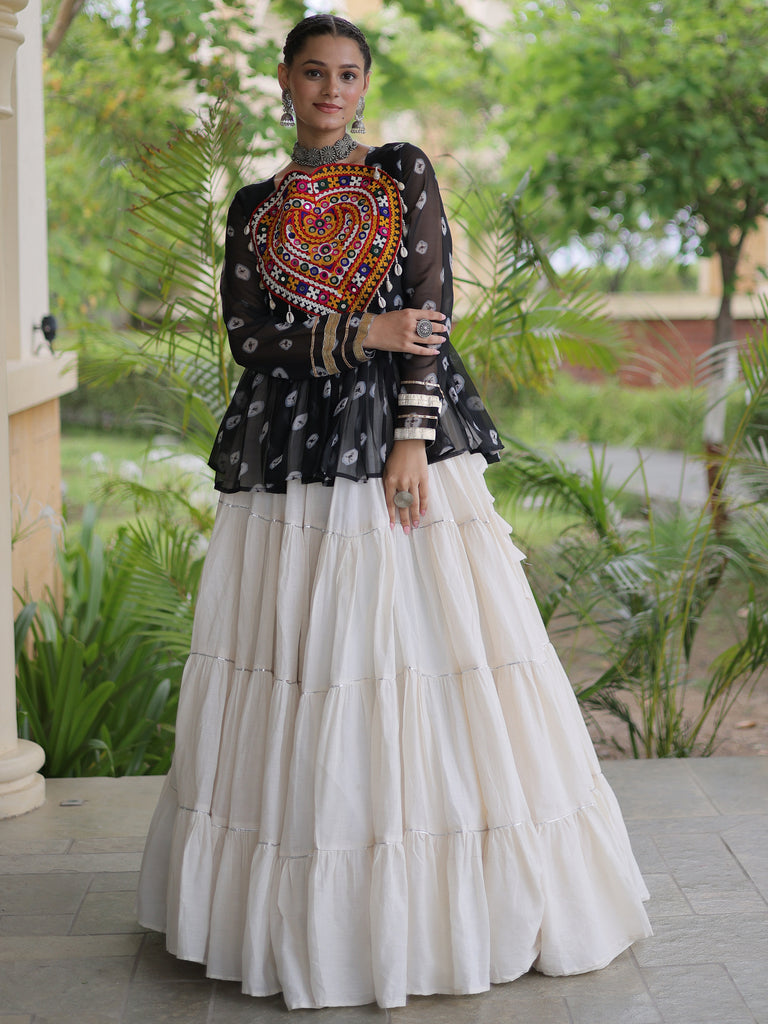 Classy Black Cotton Navratri Lehenga With Bandhani Printed Peplum Top