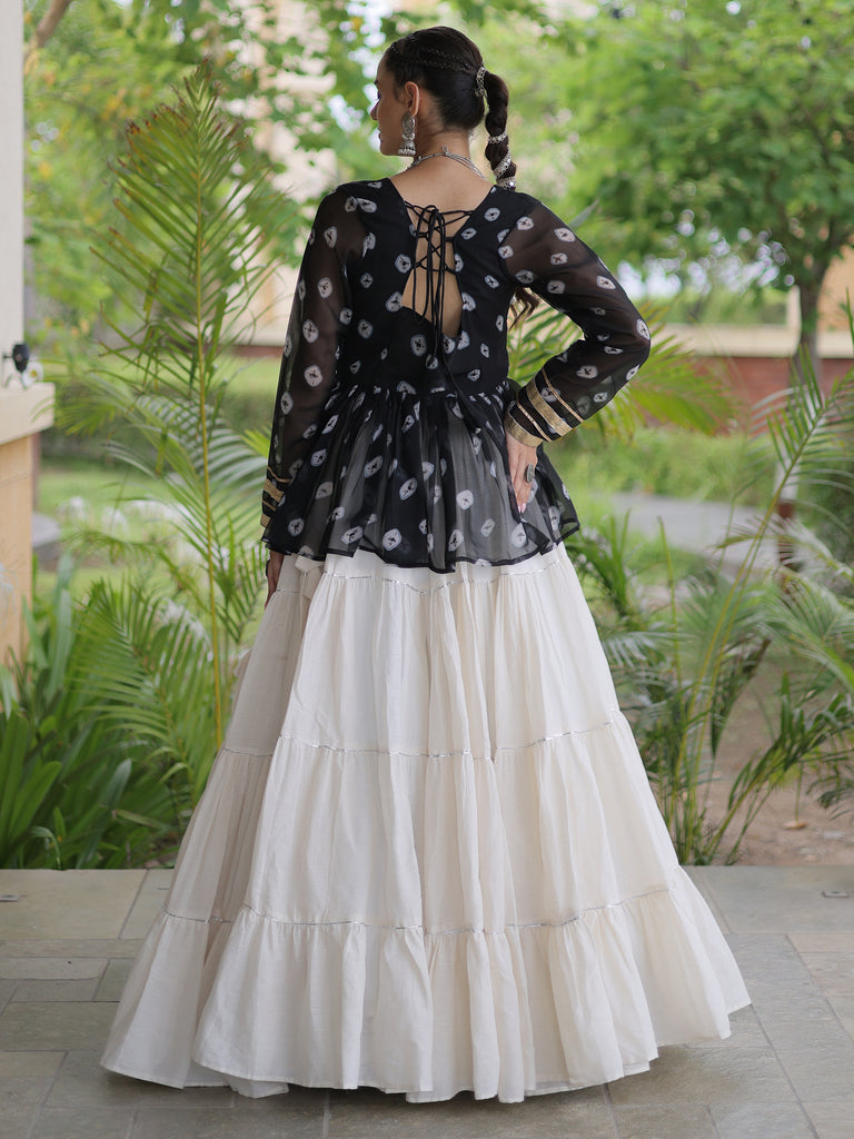 Classy Black Cotton Navratri Lehenga With Bandhani Printed Peplum Top