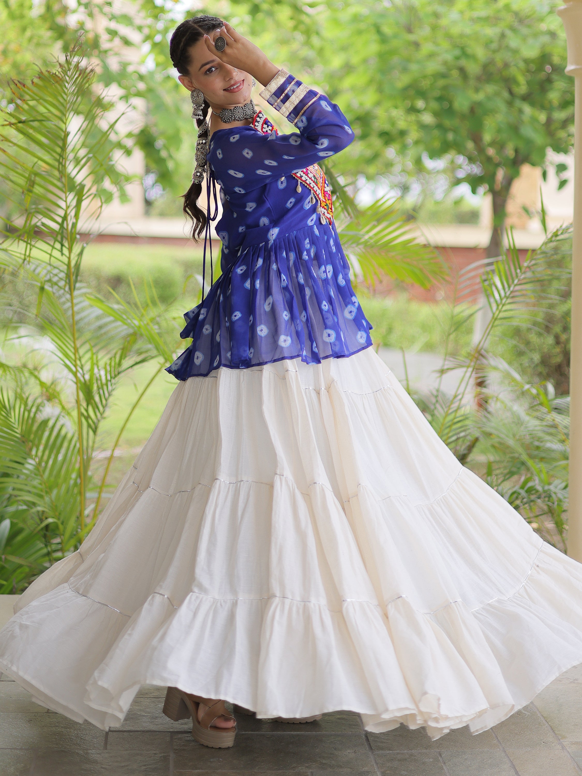 Rich Royal Blue Cotton Navratri Wear Lehenga With Patch Work Peplum Top