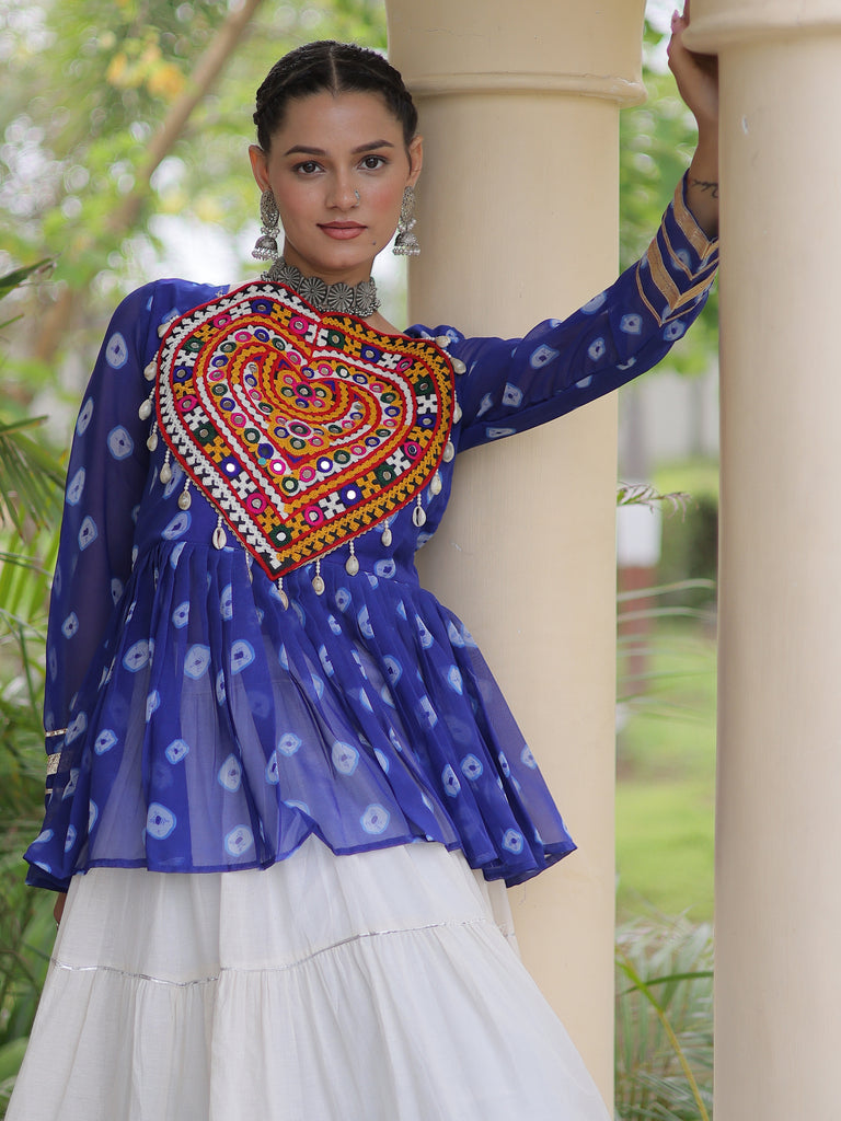 Rich Royal Blue Cotton Navratri Wear Lehenga With Patch Work Peplum Top