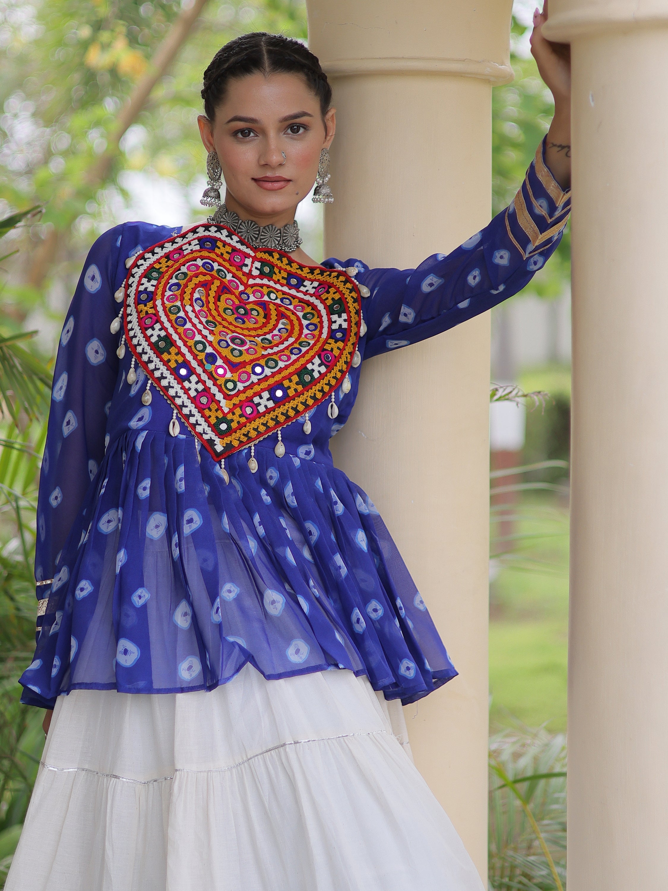 Rich Royal Blue Cotton Navratri Wear Lehenga With Patch Work Peplum Top