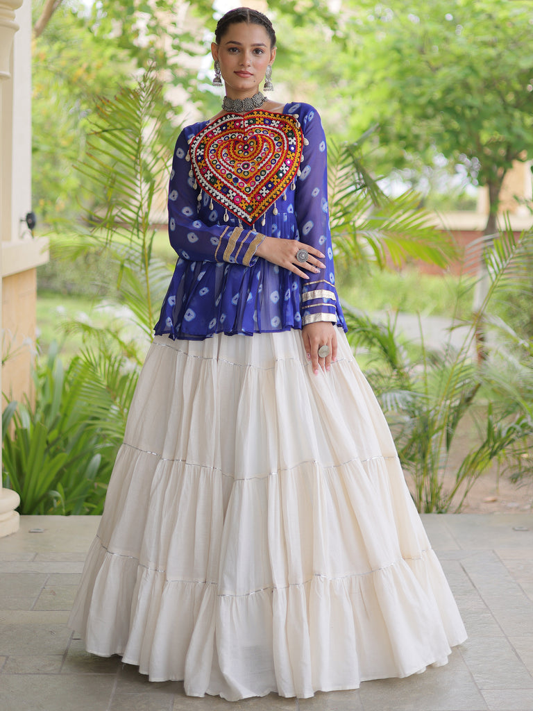 Rich Royal Blue Cotton Navratri Wear Lehenga With Patch Work Peplum Top