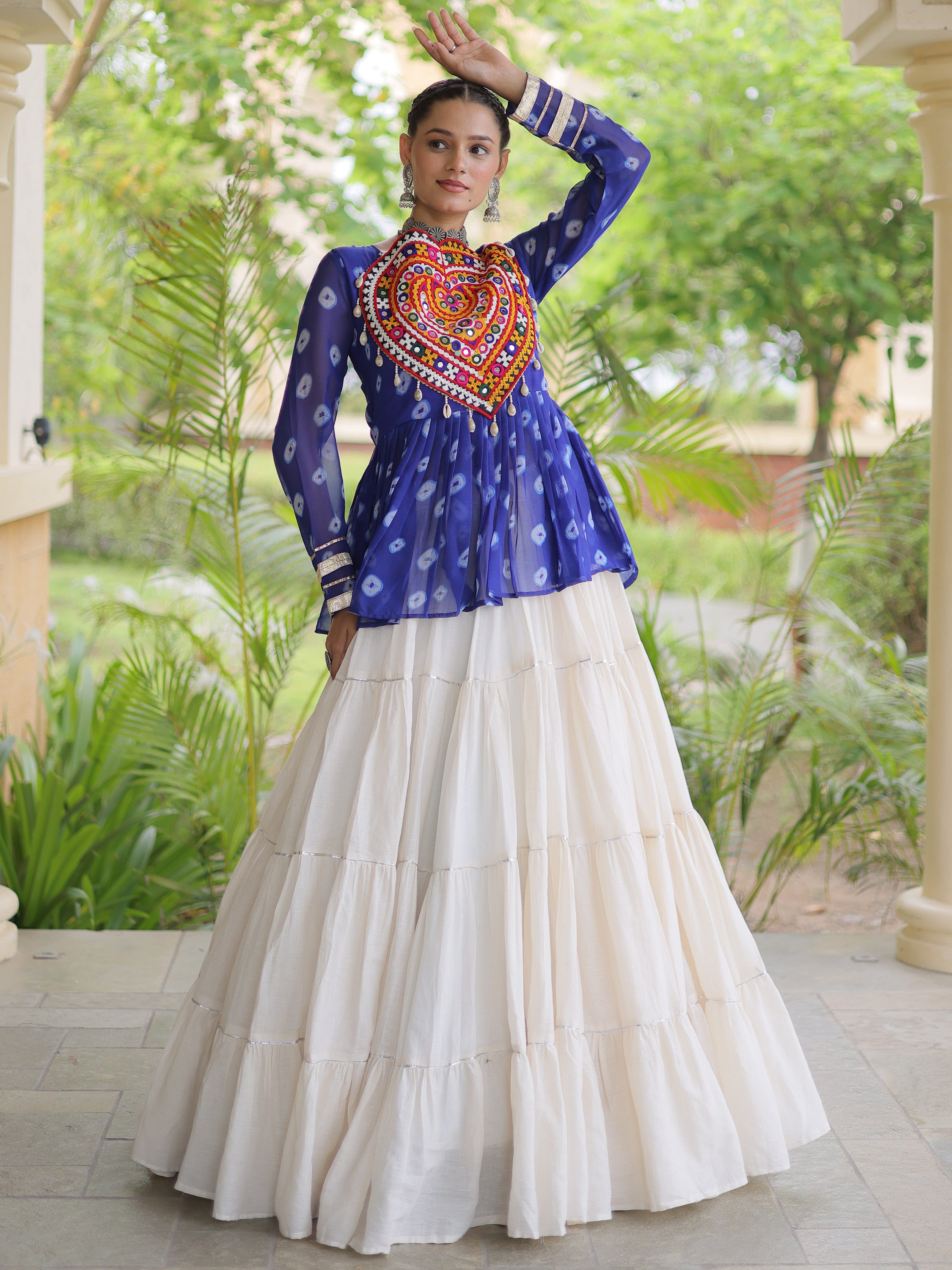 Rich Royal Blue Cotton Navratri Wear Lehenga With Patch Work Peplum Top