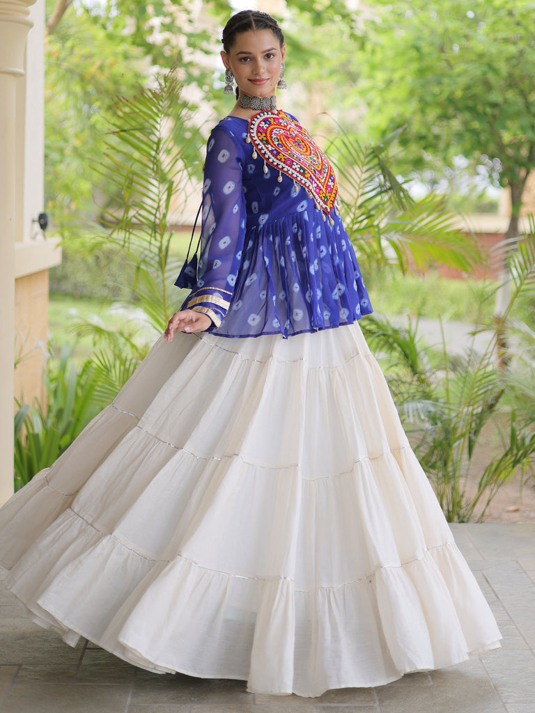 Rich Royal Blue Cotton Navratri Wear Lehenga With Patch Work Peplum Top