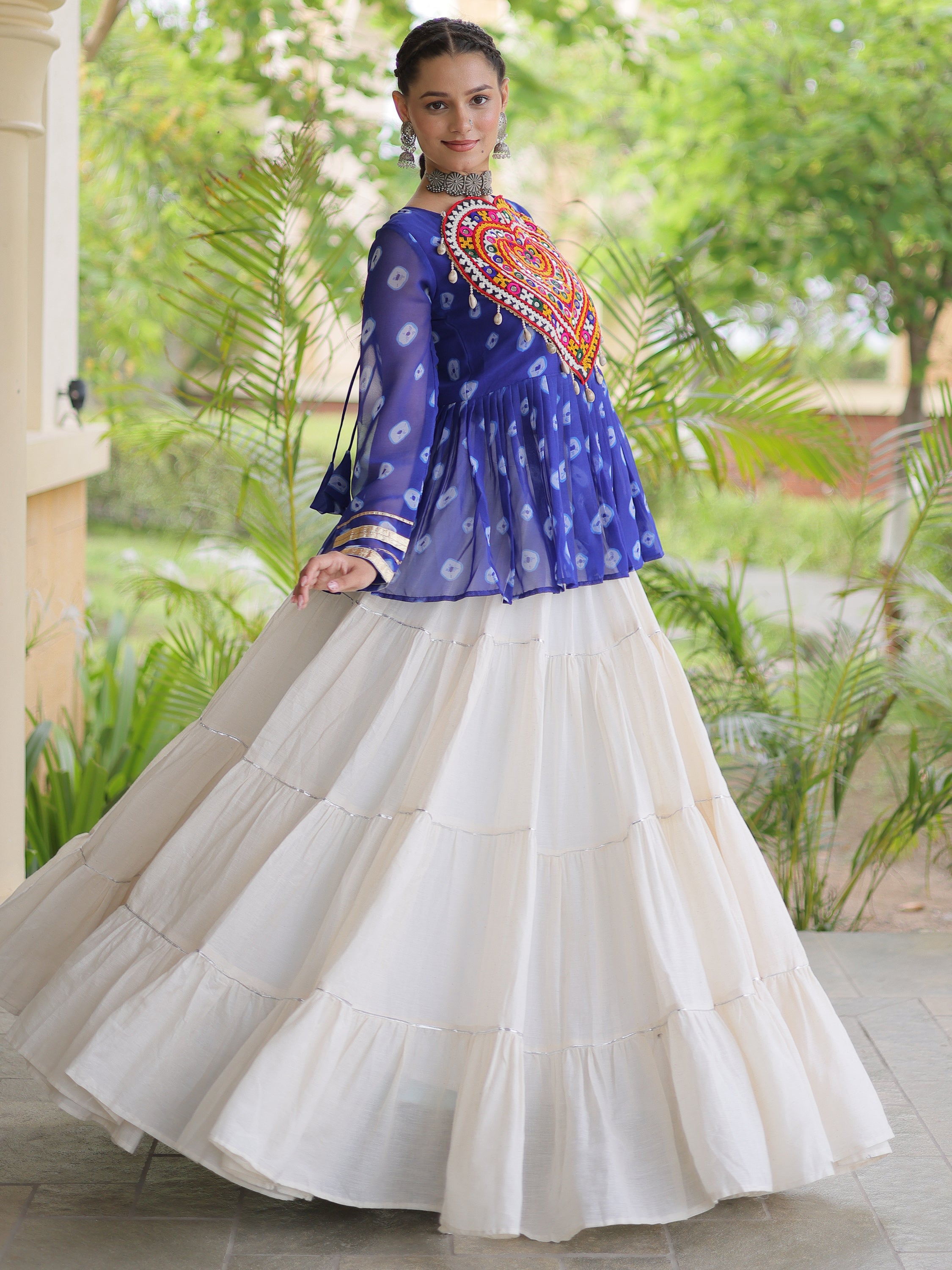 Rich Royal Blue Cotton Navratri Wear Lehenga With Patch Work Peplum Top