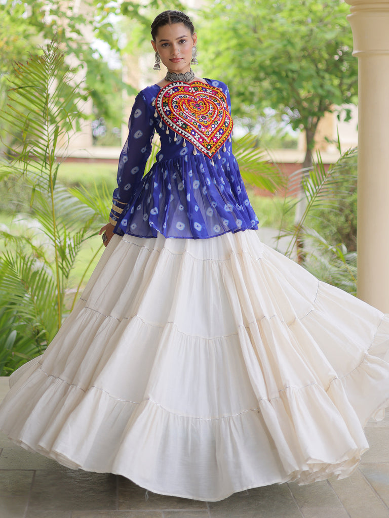 Rich Royal Blue Cotton Navratri Wear Lehenga With Patch Work Peplum Top