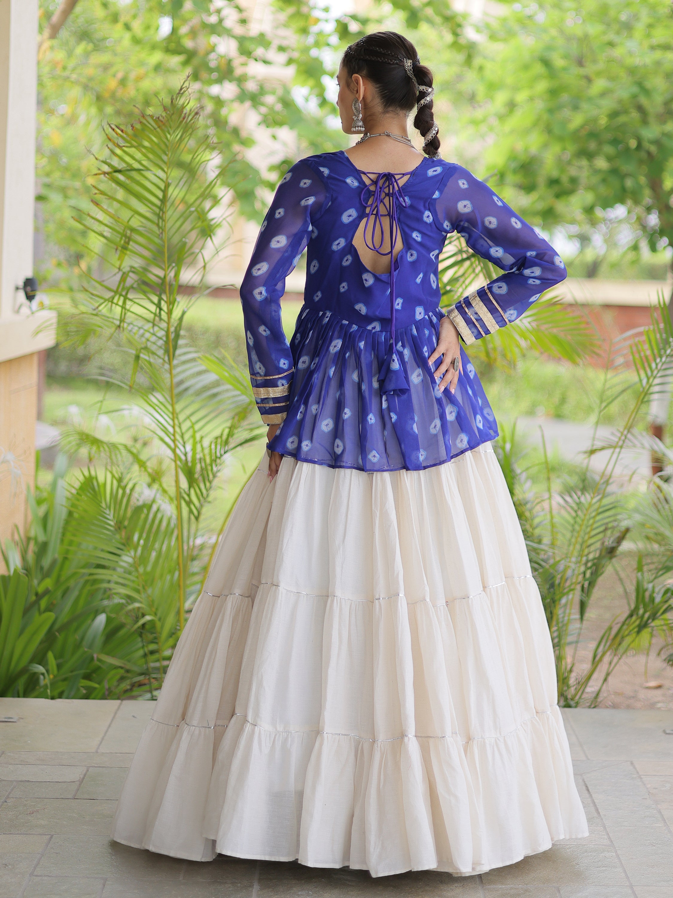 Rich Royal Blue Cotton Navratri Wear Lehenga With Patch Work Peplum Top
