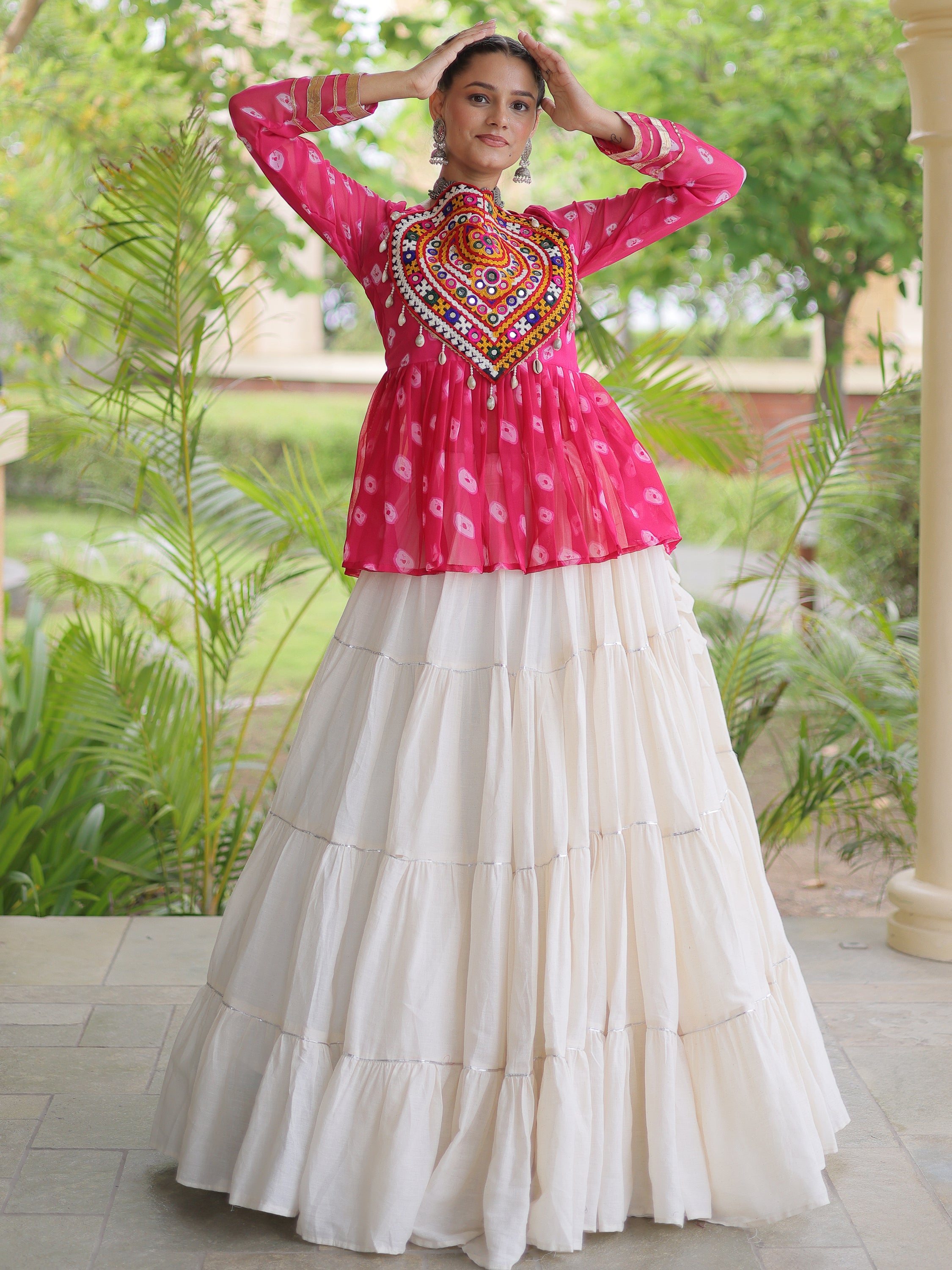 Lovable Rani Pink Cotton Navratri Wear Lehenga With Printed Peplum Top
