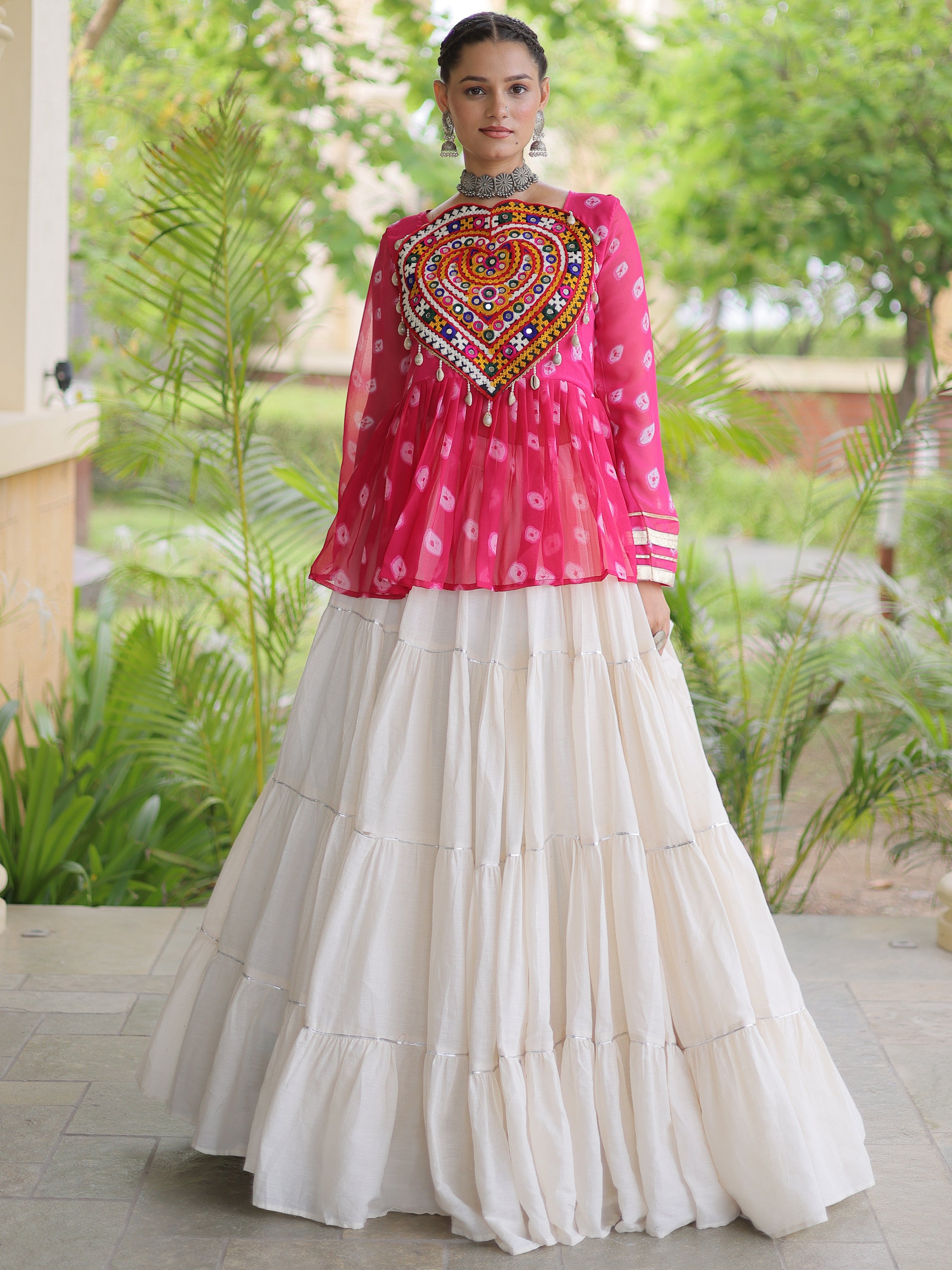 Lovable Rani Pink Cotton Navratri Wear Lehenga With Printed Peplum Top