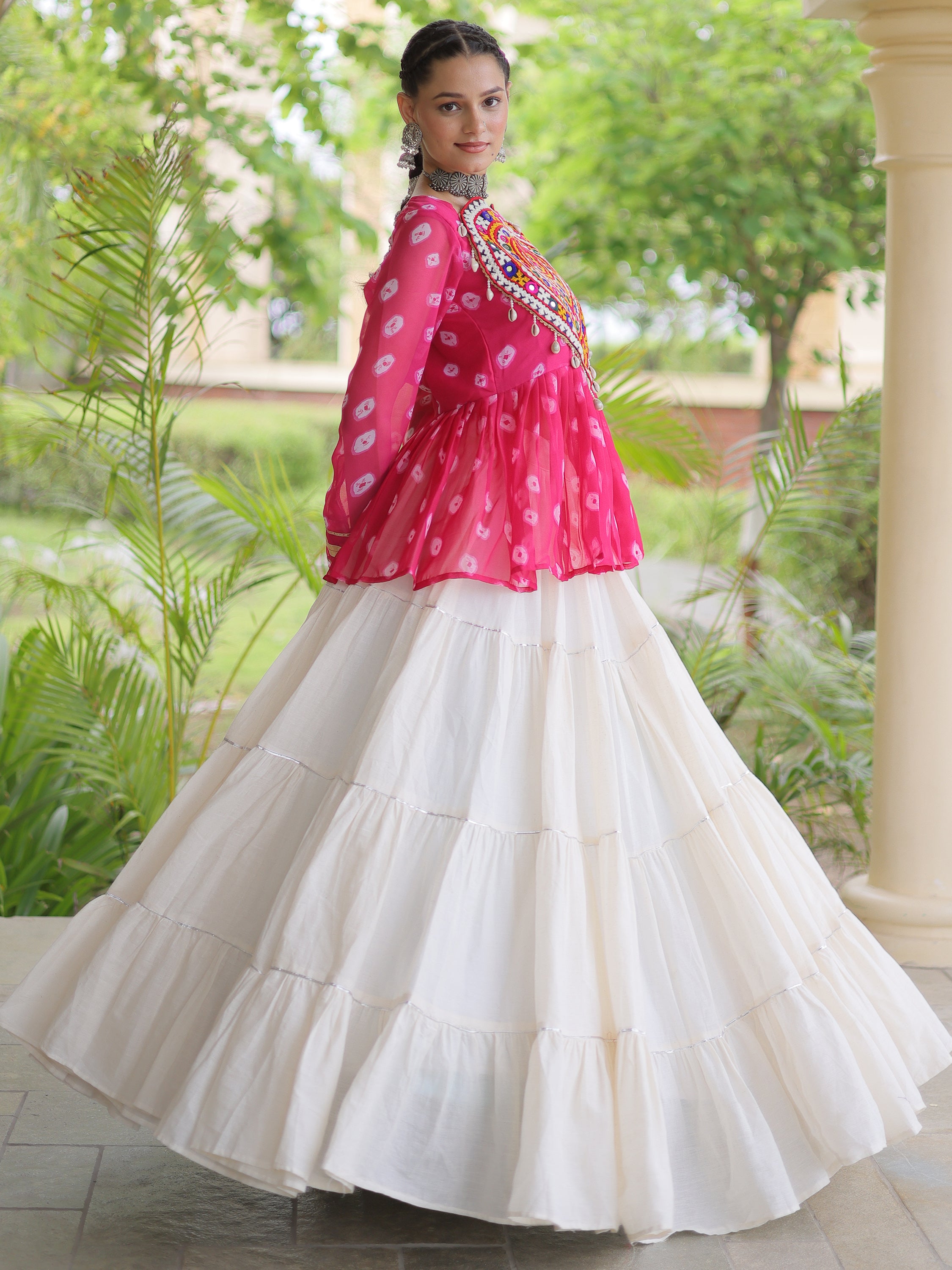 Lovable Rani Pink Cotton Navratri Wear Lehenga With Printed Peplum Top