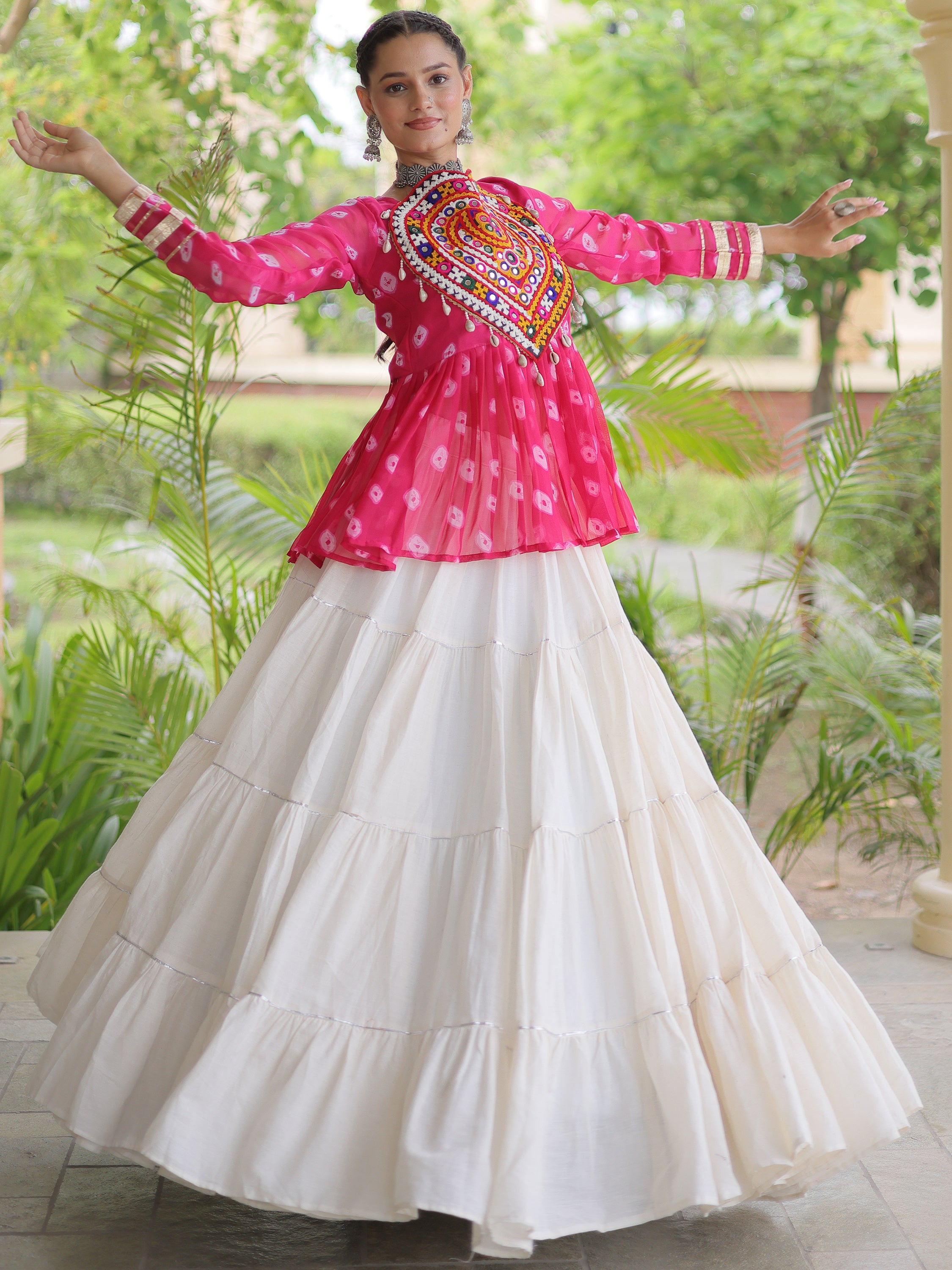Lovable Rani Pink Cotton Navratri Wear Lehenga With Printed Peplum Top