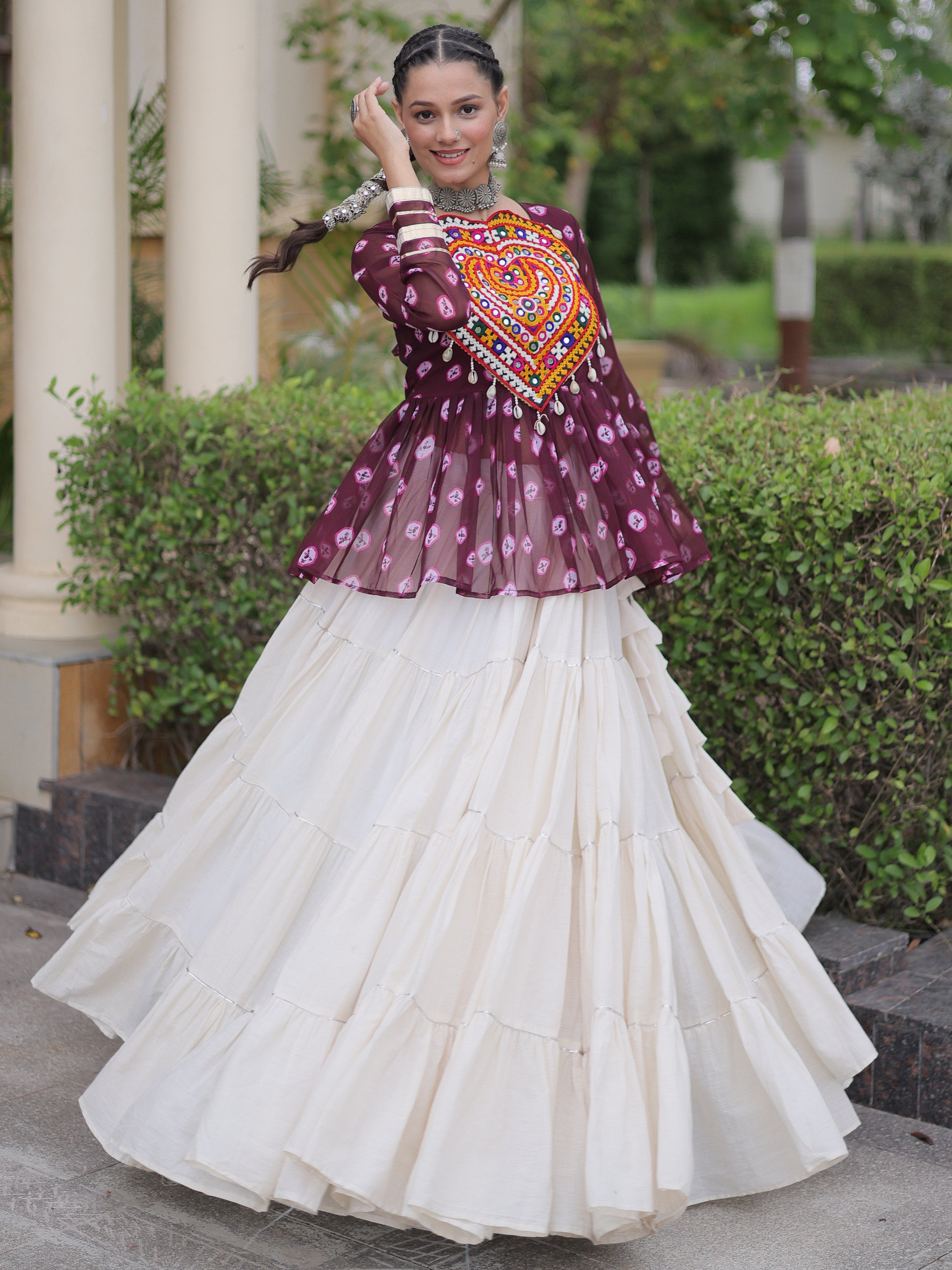 Fantastic Wine Patch Work Cotton Navratri Lehenga With Peplum Top