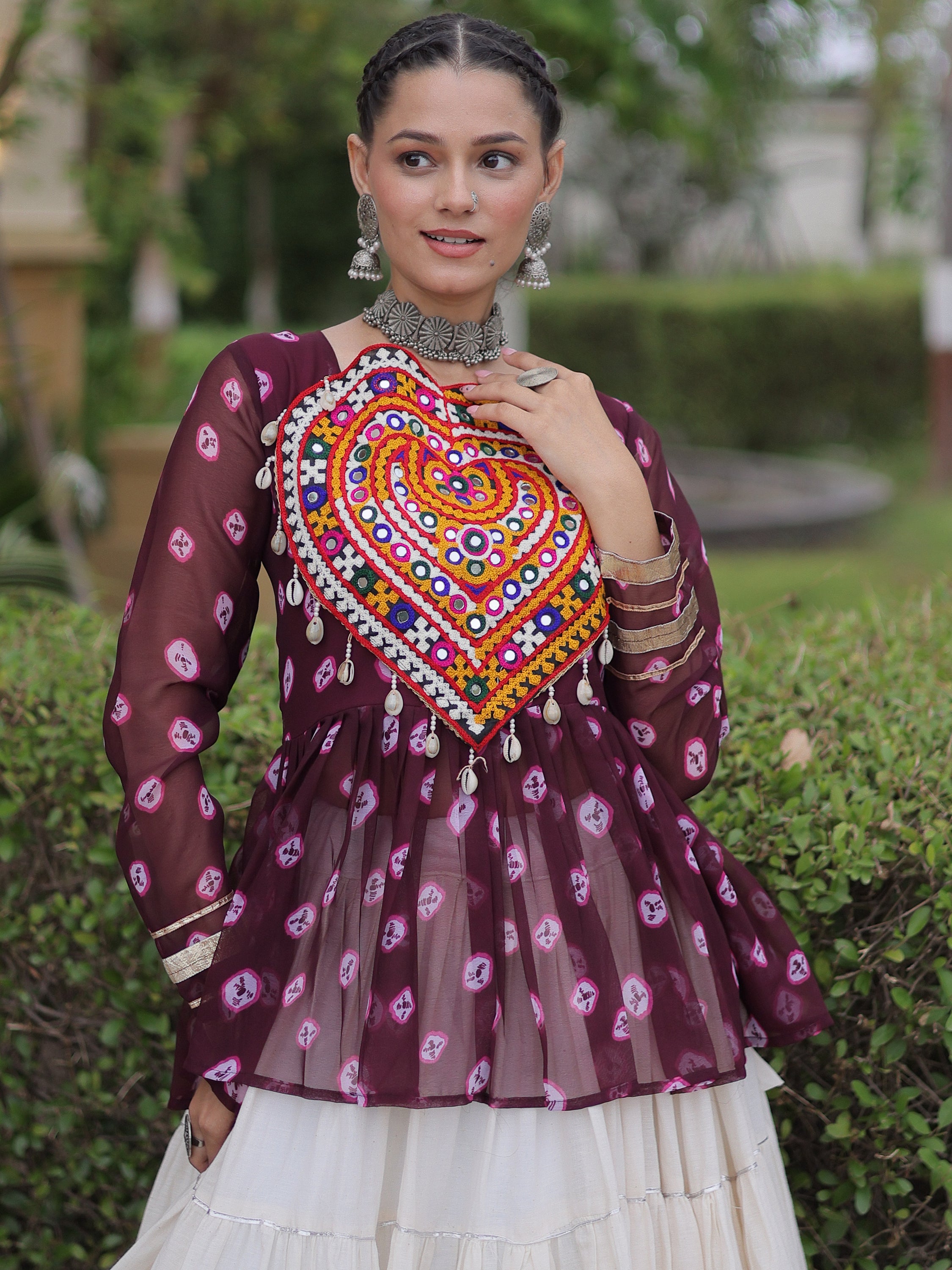 Fantastic Wine Patch Work Cotton Navratri Lehenga With Peplum Top