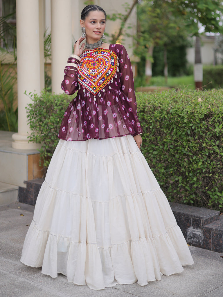 Fantastic Wine Patch Work Cotton Navratri Lehenga With Peplum Top