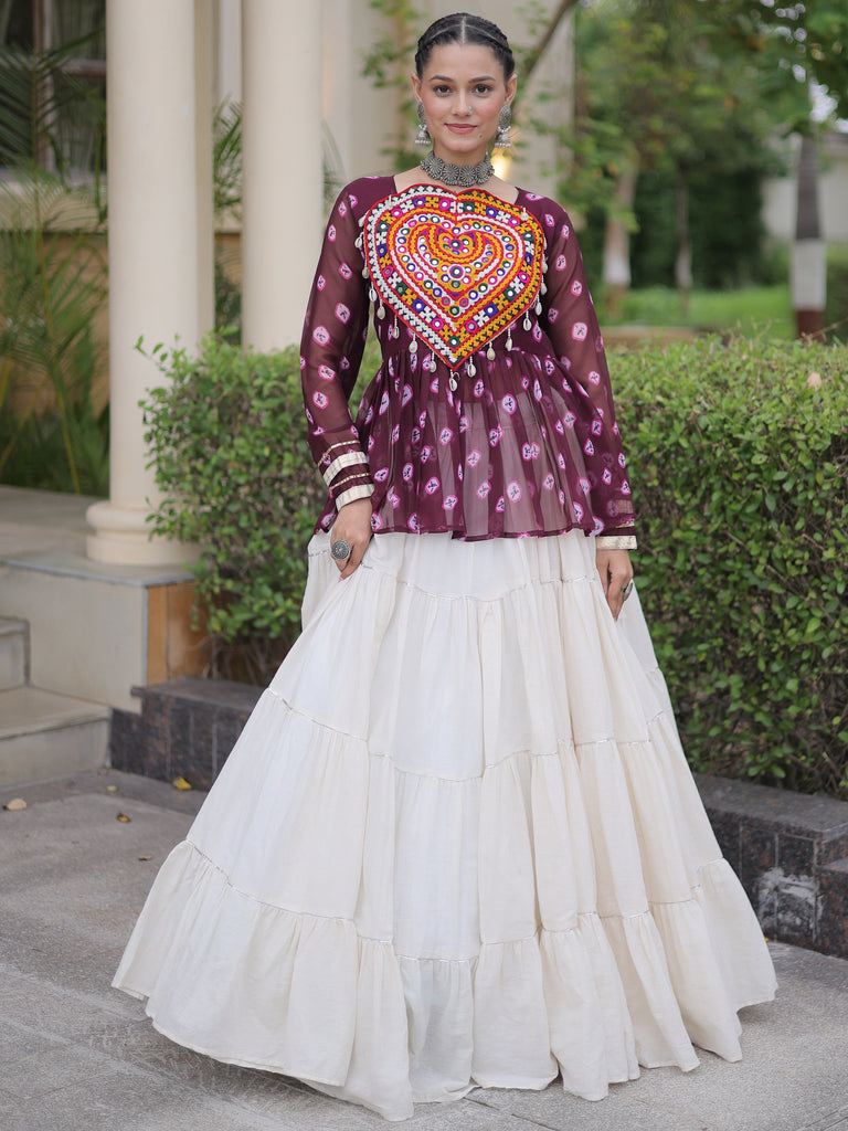 Fantastic Wine Patch Work Cotton Navratri Lehenga With Peplum Top