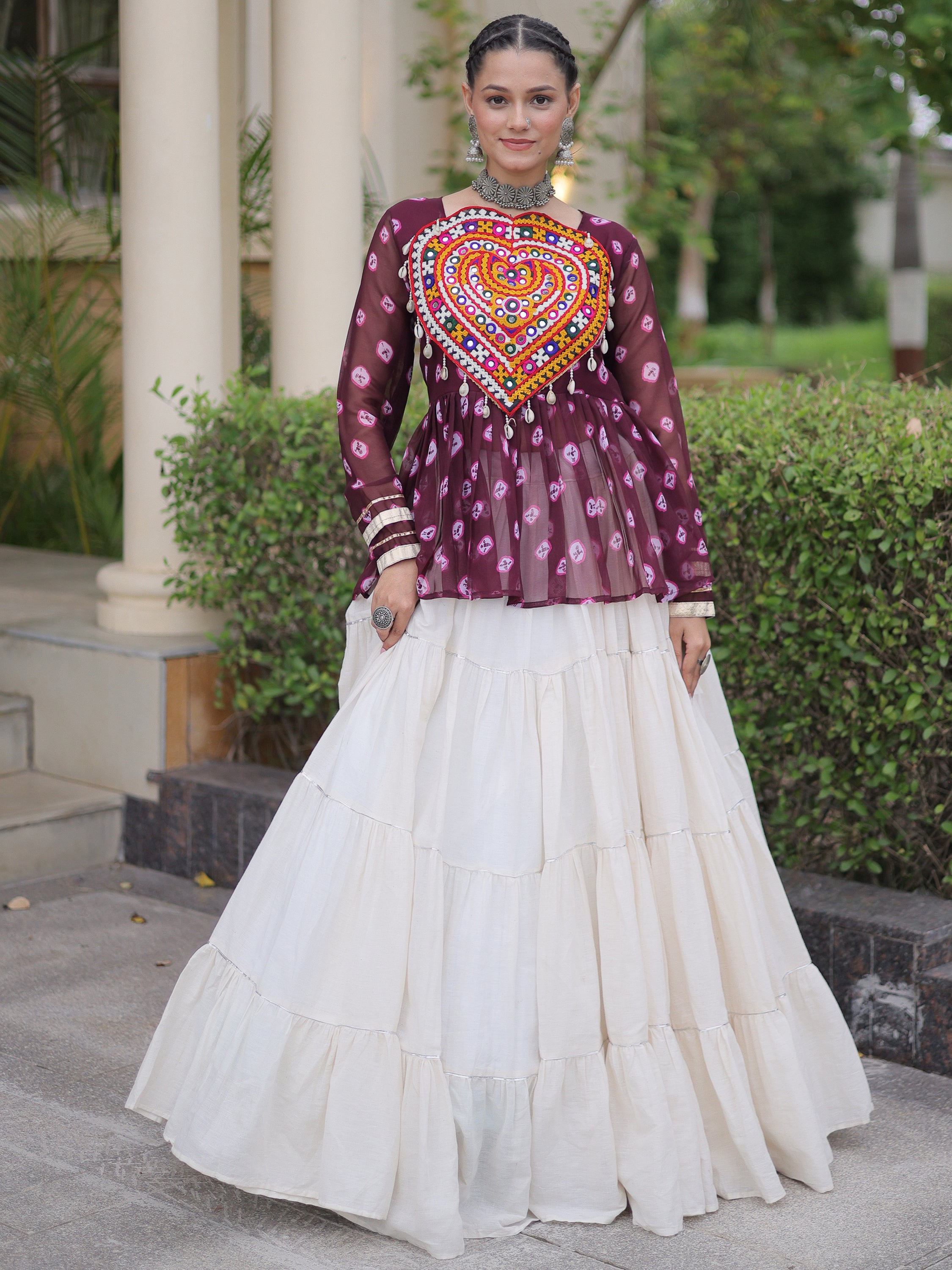 Fantastic Wine Patch Work Cotton Navratri Lehenga With Peplum Top