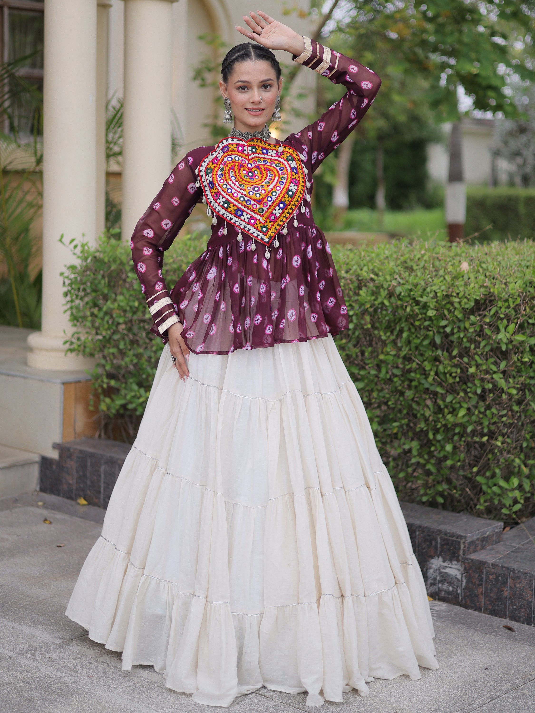 Fantastic Wine Patch Work Cotton Navratri Lehenga With Peplum Top