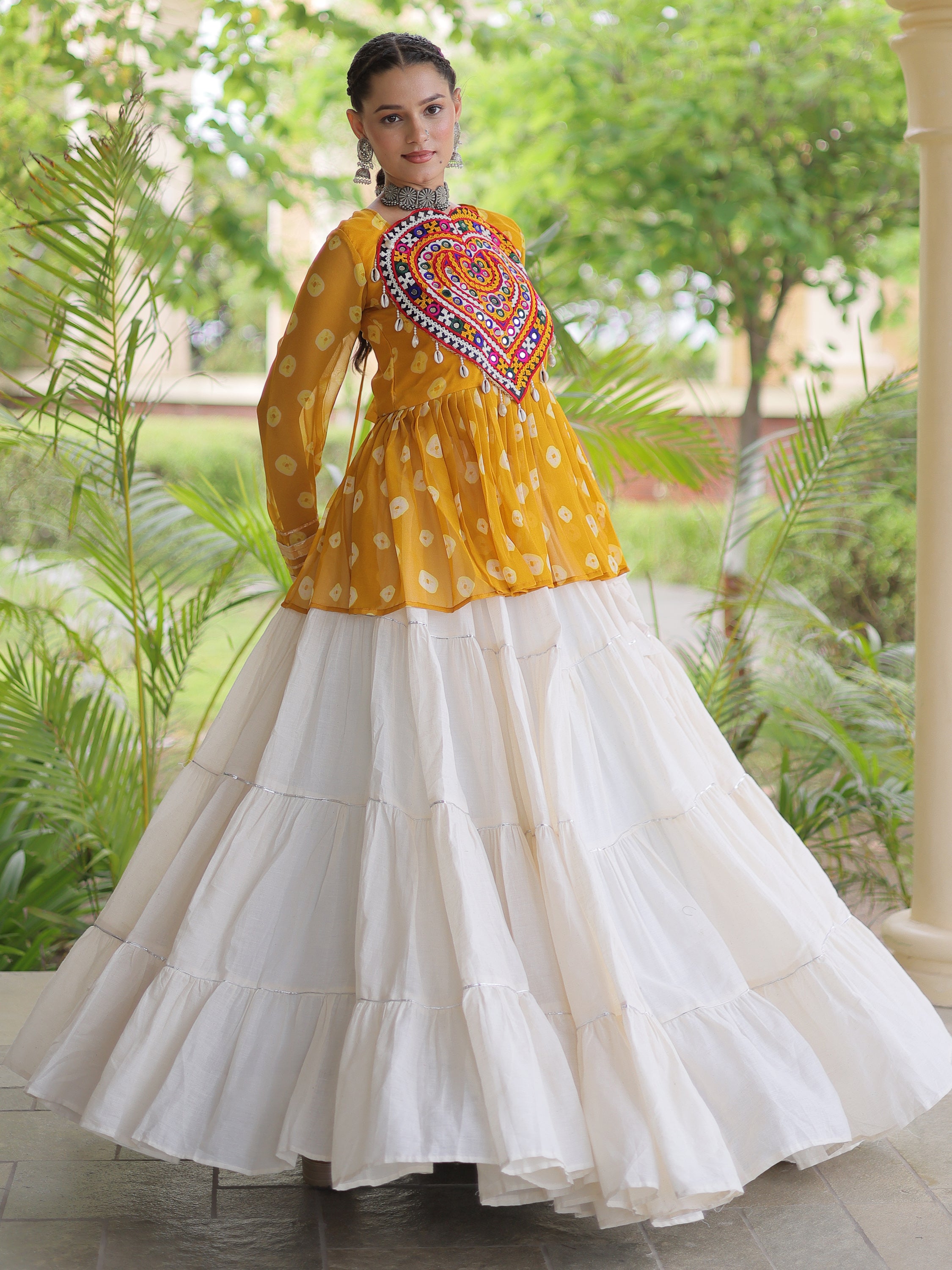 Pretty Mustard Yellow Cotton Navratri Lehenga With Patch Work Peplum Top