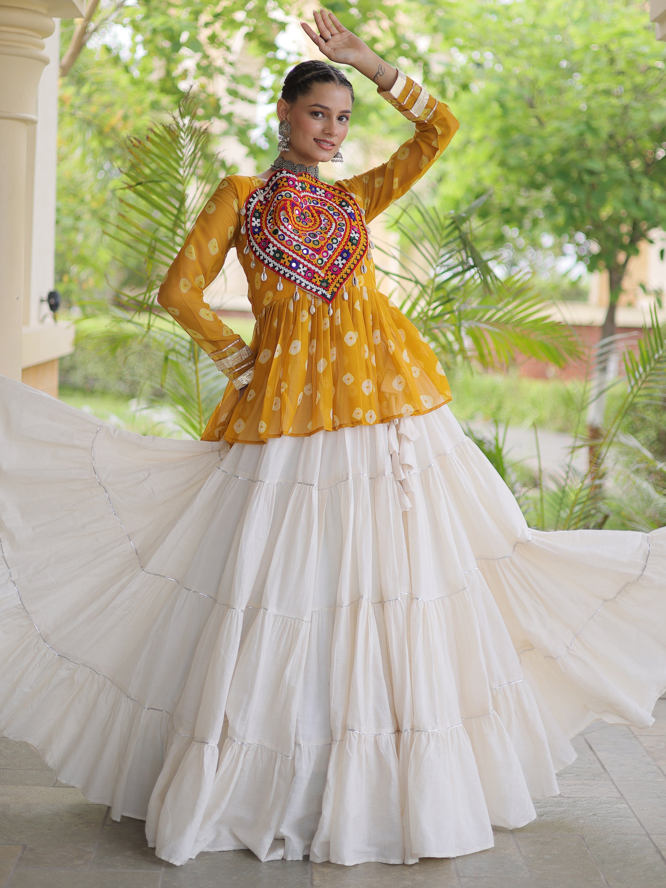 Pretty Mustard Yellow Cotton Navratri Lehenga With Patch Work Peplum Top