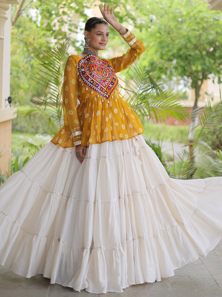 Pretty Mustard Yellow Cotton Navratri Lehenga With Patch Work Peplum Top