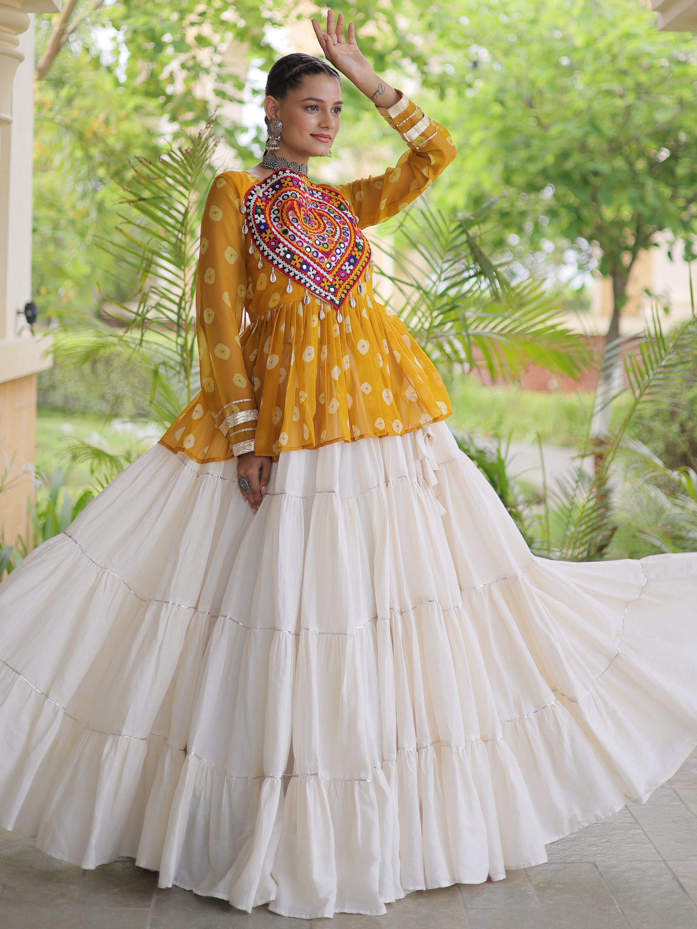 Pretty Mustard Yellow Cotton Navratri Lehenga With Patch Work Peplum Top