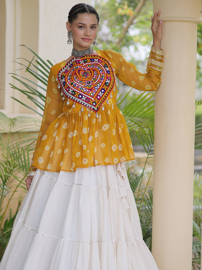Pretty Mustard Yellow Cotton Navratri Lehenga With Patch Work Peplum Top