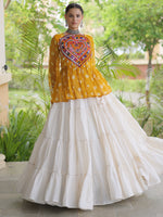 Pretty Mustard Yellow Cotton Navratri Lehenga With Patch Work Peplum Top