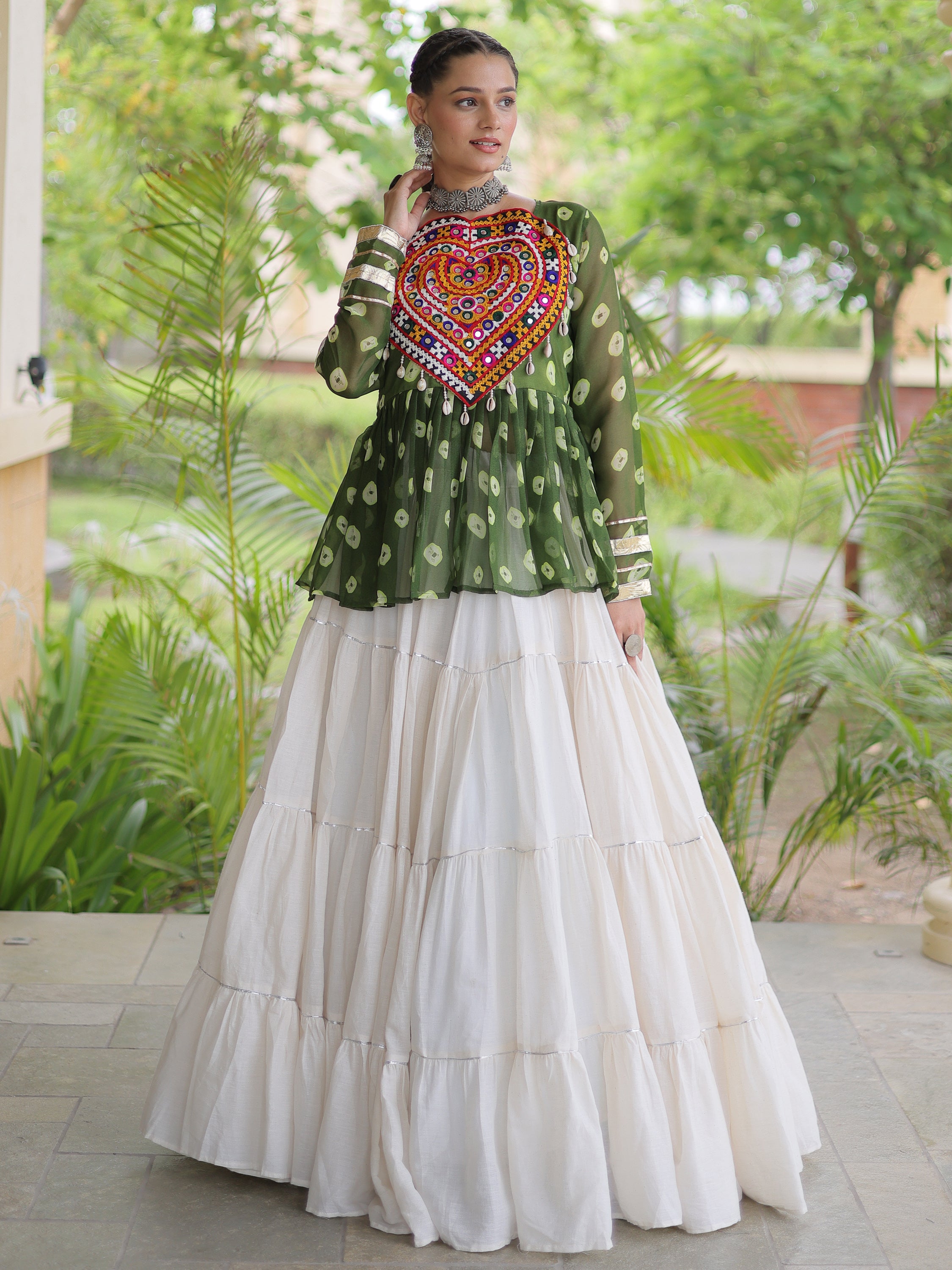 Attractive Green Cotton Navratri Lehenga With Patch Work Peplum Top