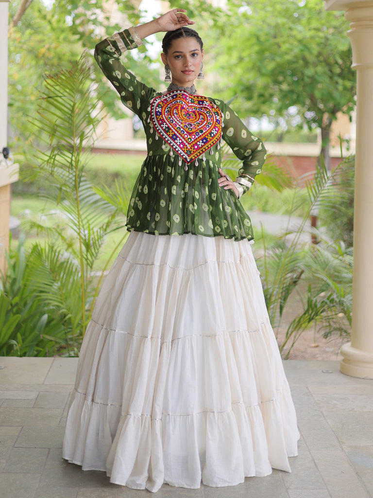 Attractive Green Cotton Navratri Lehenga With Patch Work Peplum Top