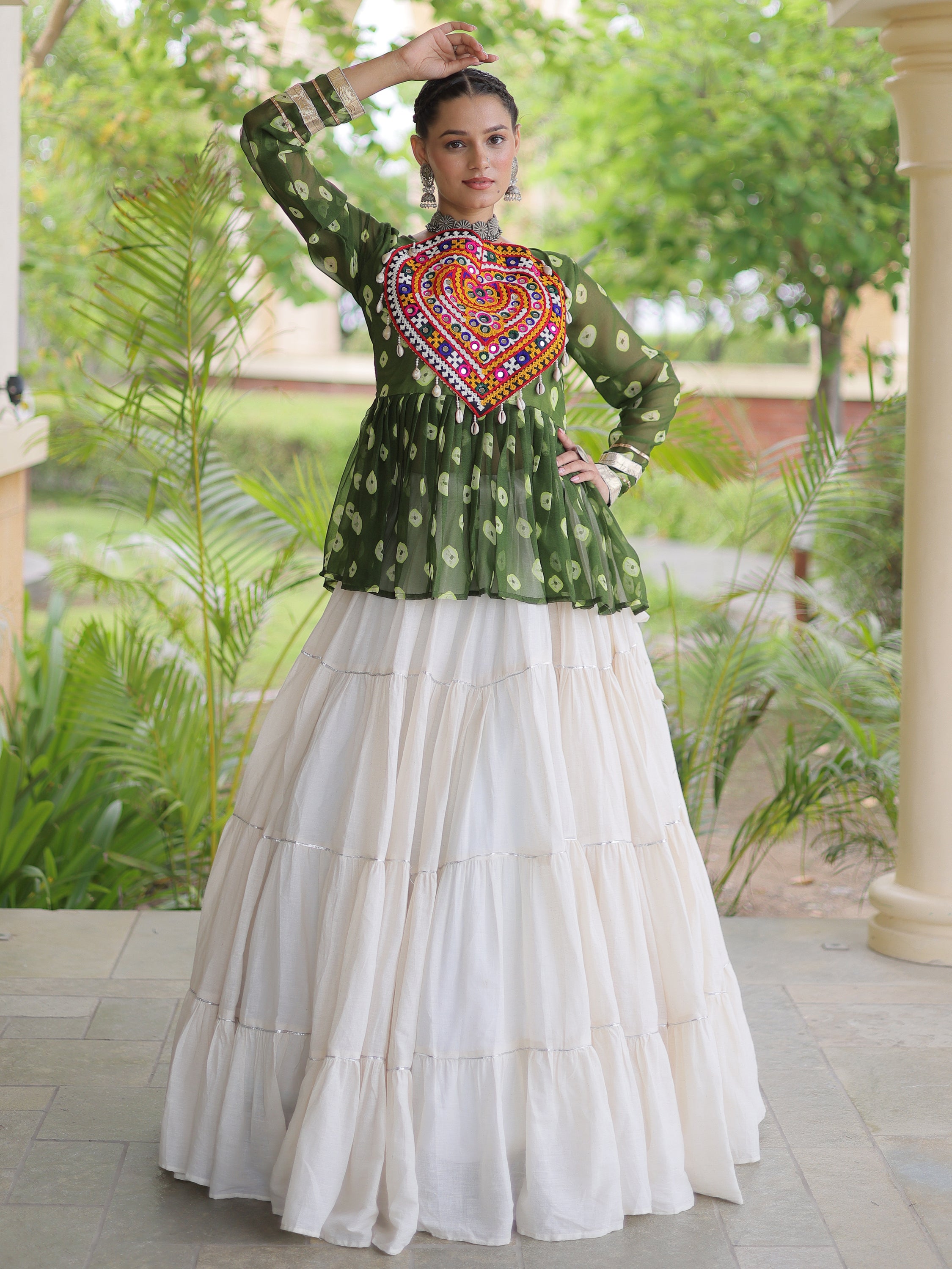 Attractive Green Cotton Navratri Lehenga With Patch Work Peplum Top