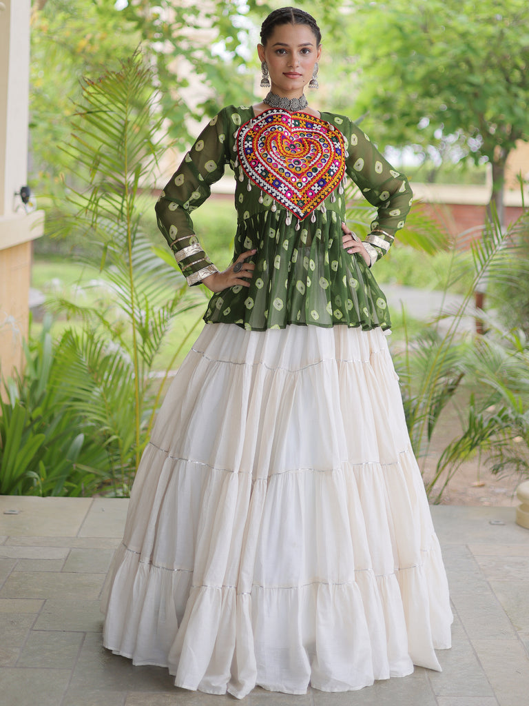 Attractive Green Cotton Navratri Lehenga With Patch Work Peplum Top