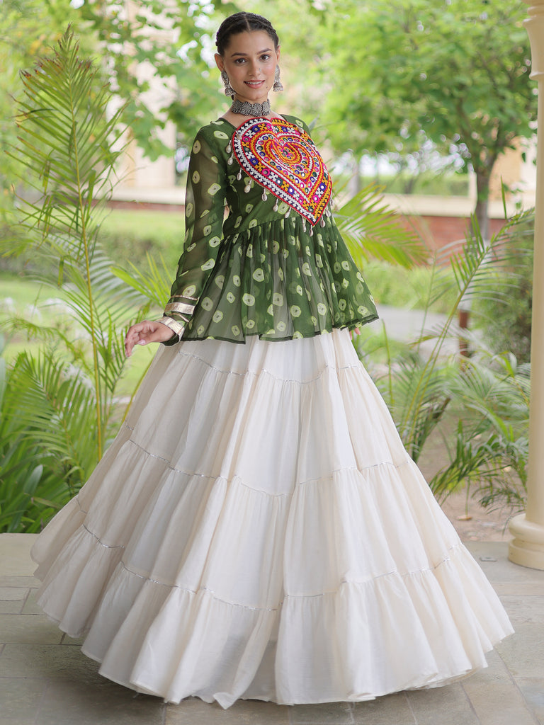 Attractive Green Cotton Navratri Lehenga With Patch Work Peplum Top