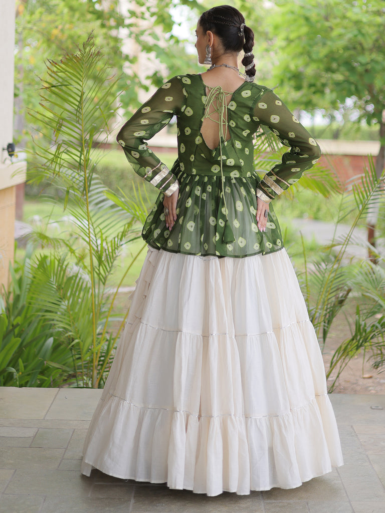Attractive Green Cotton Navratri Lehenga With Patch Work Peplum Top