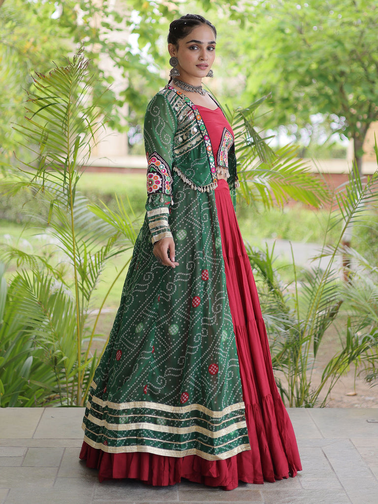 Awesome Green Rayon Navratri Lehenga Choli With Patch Work Shrug