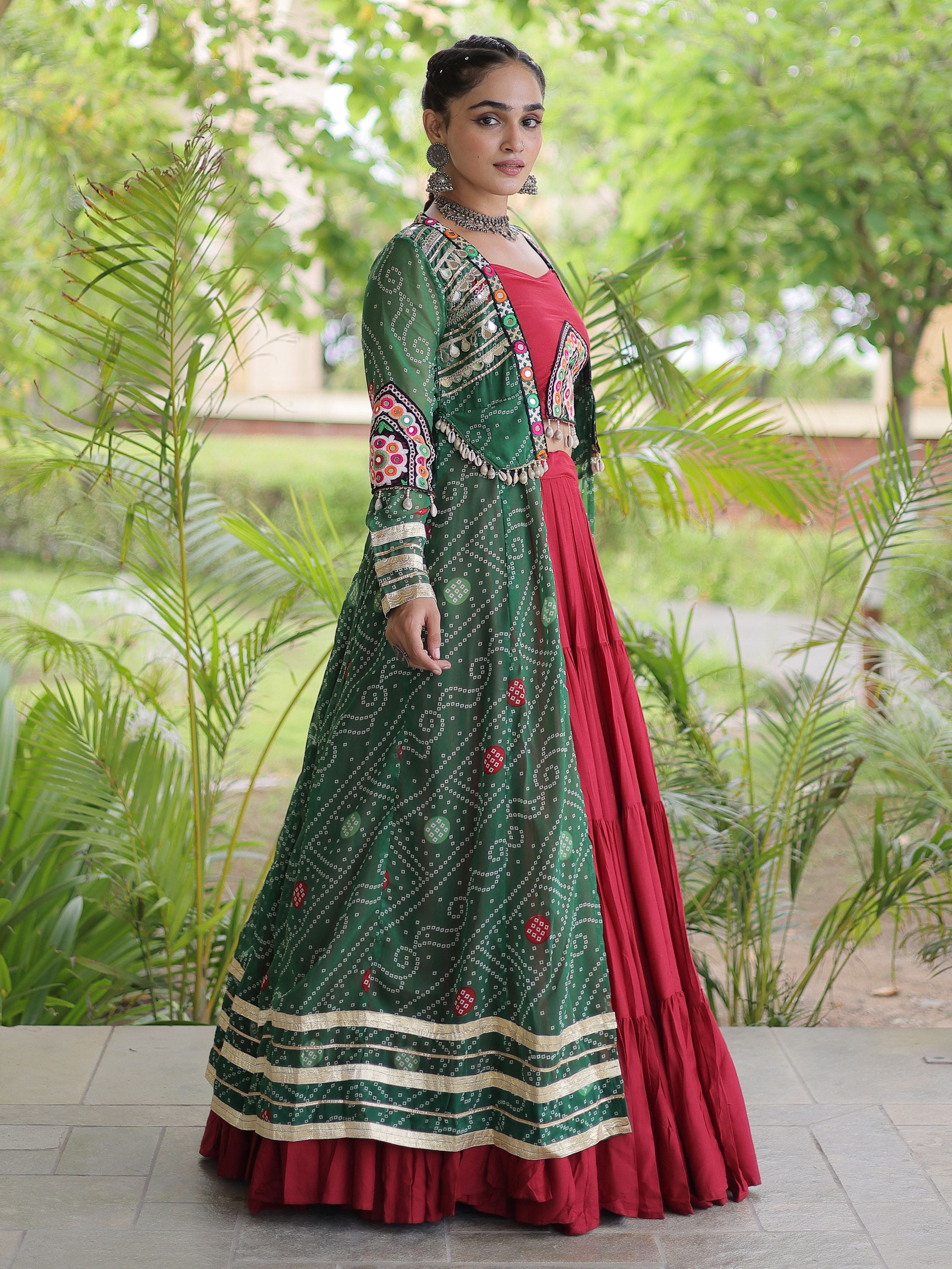 Awesome Green Rayon Navratri Lehenga Choli With Patch Work Shrug