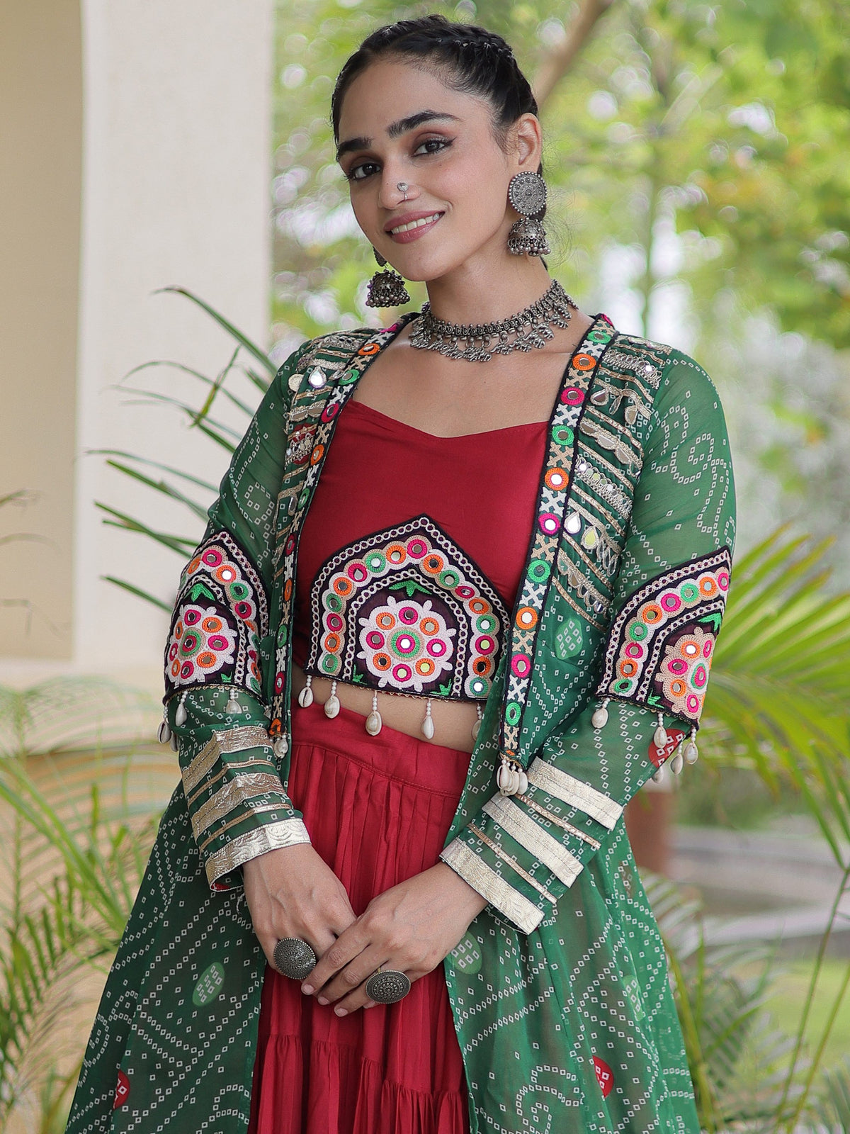 Awesome Green Rayon Navratri Lehenga Choli With Patch Work Shrug