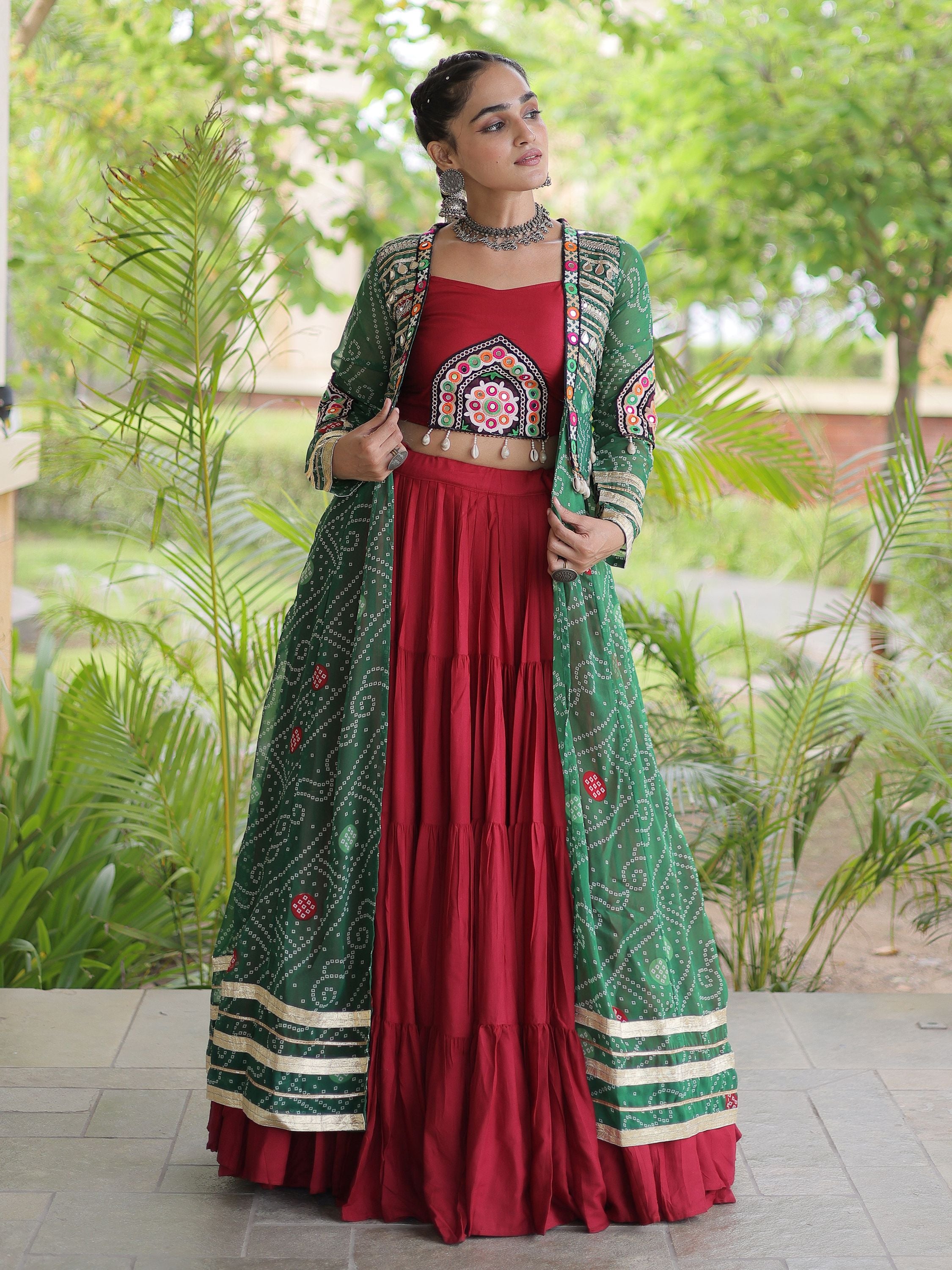 Awesome Green Rayon Navratri Lehenga Choli With Patch Work Shrug