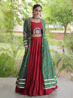 Awesome Green Rayon Navratri Lehenga Choli With Patch Work Shrug