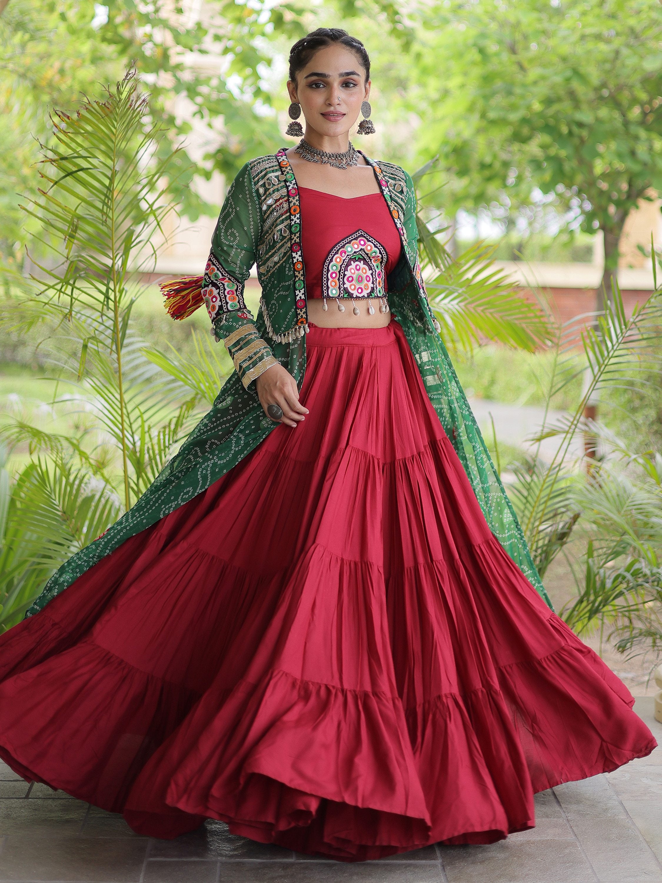 Awesome Green Rayon Navratri Lehenga Choli With Patch Work Shrug
